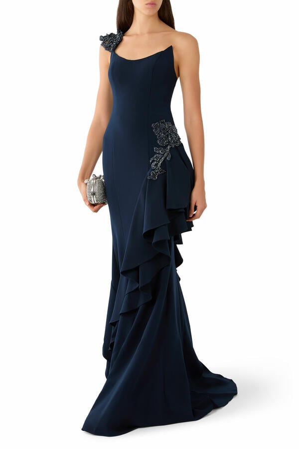 One Shoulder Formal Gown with Layered Ruffle Skirt