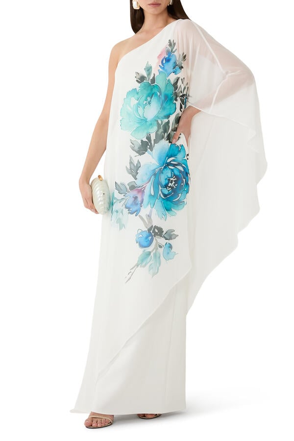  One Shoulder Chiffon Floral Print Gown 