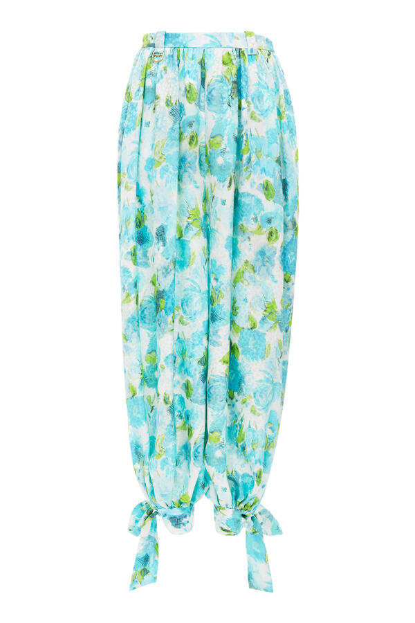 Aqua Flowers Print Pleated Pants