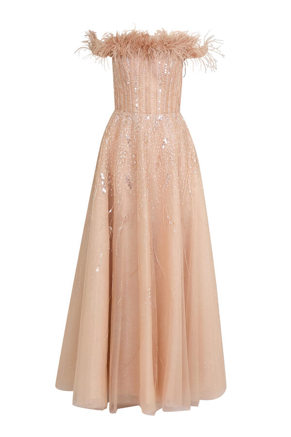 Feather Beaded Ball Gown