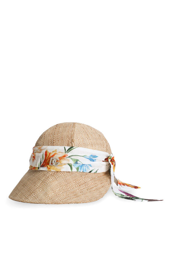 Kids Flower-Print Raffia Hat with Visor and DG Logo