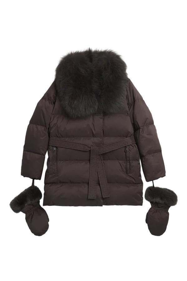 Kids Fur-Trim Down Puffer Jacket with Mittens