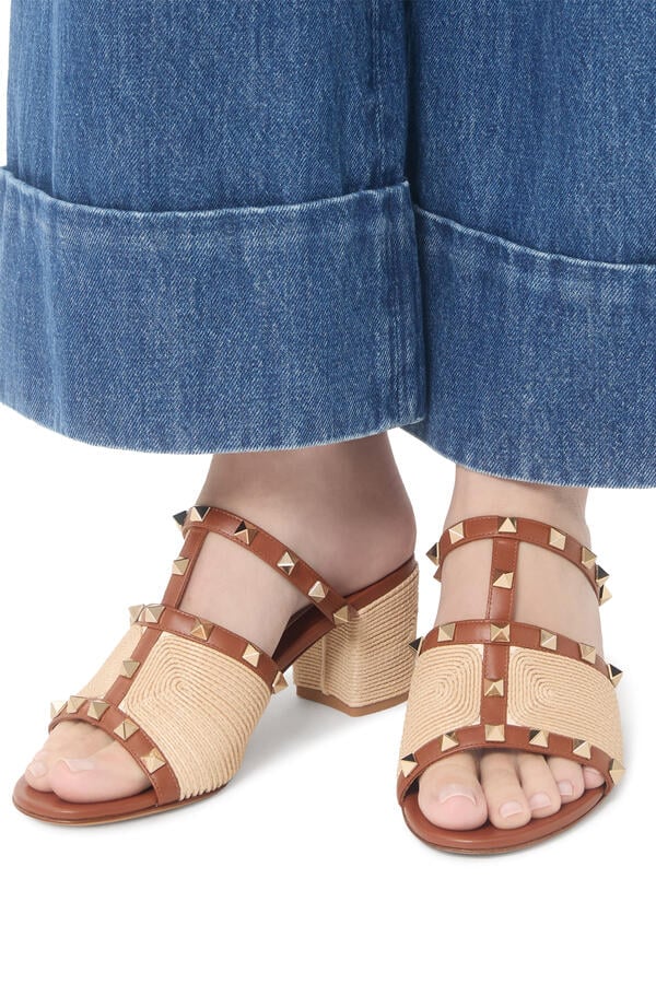 Rockstud 60 Slide Sandals in Calfskin with Cornely Embroidery