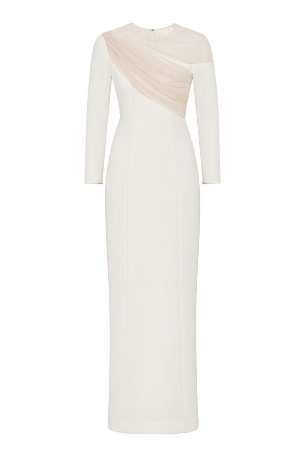 Long Sleeve Crepe Gown With Asymmetrical Tulle Drape 