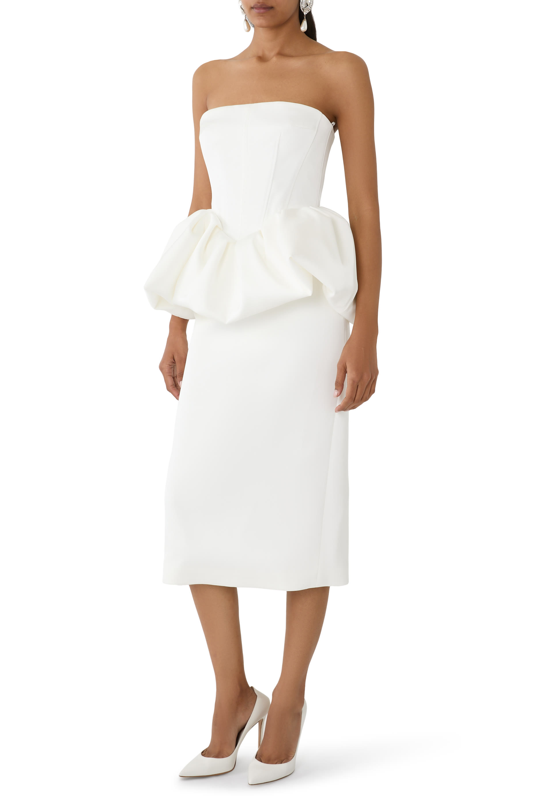  Peplum Detail Corseted Midi Dress