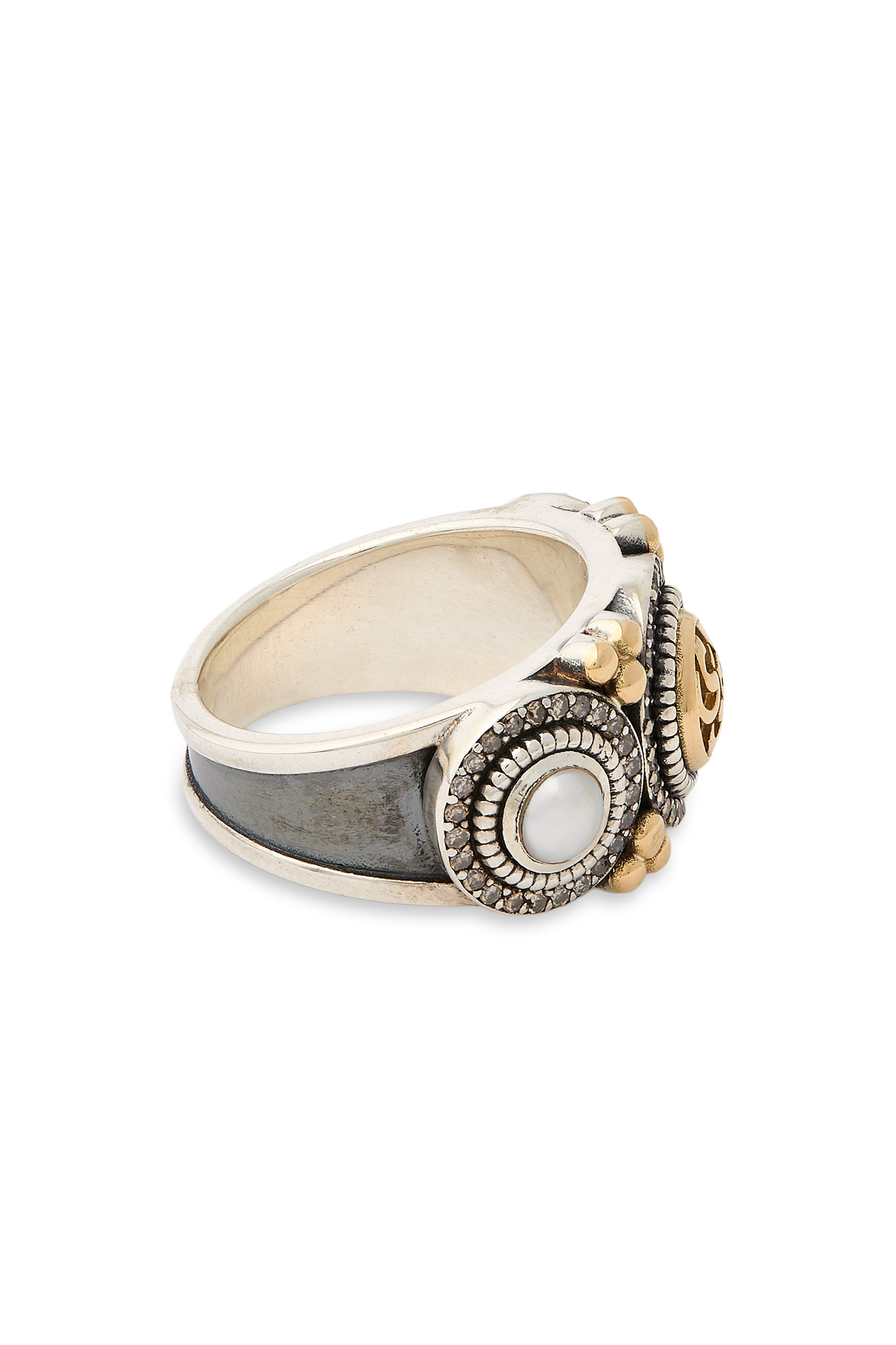 Love Tribal Ring, 18K Gold and Sterling Silver, Champagne Diamonds & Pearls