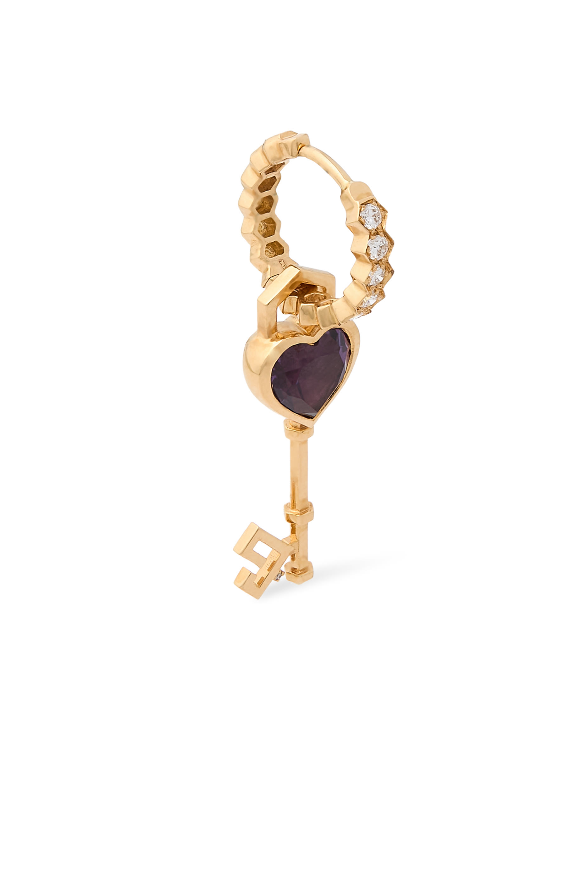 Key of Love Hoop Earring, 18k Yellow Gold with Amethyst & Diamonds