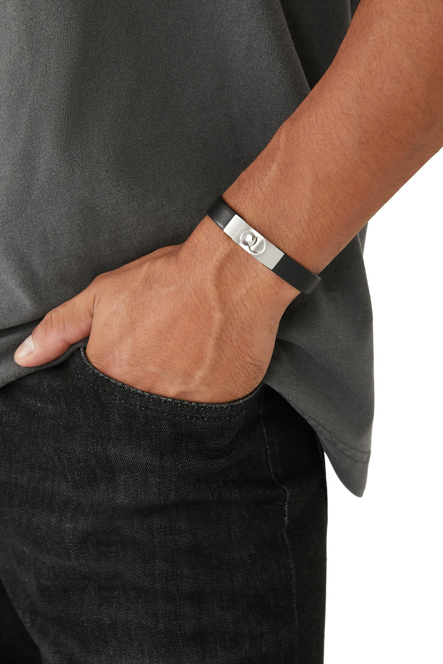 Stainless Steel and Black Leather Strap Bracelet
