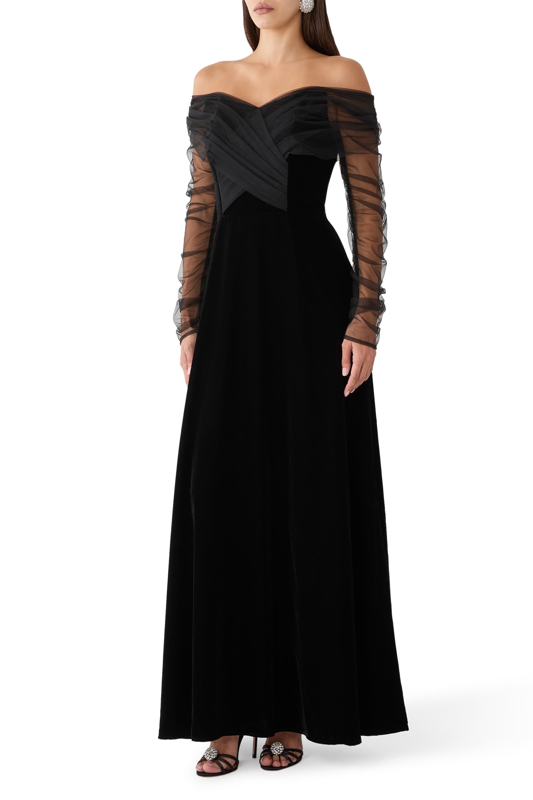 Off-Shoulder A-line Velvet Gown with Tulle Draped Bodice & Sleeves