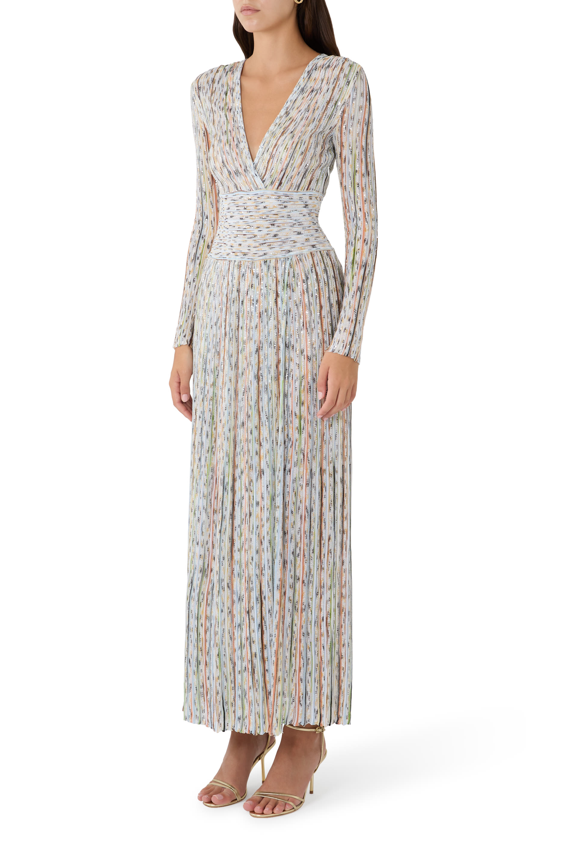 Partialized Knit Lurex Belted Long Dress