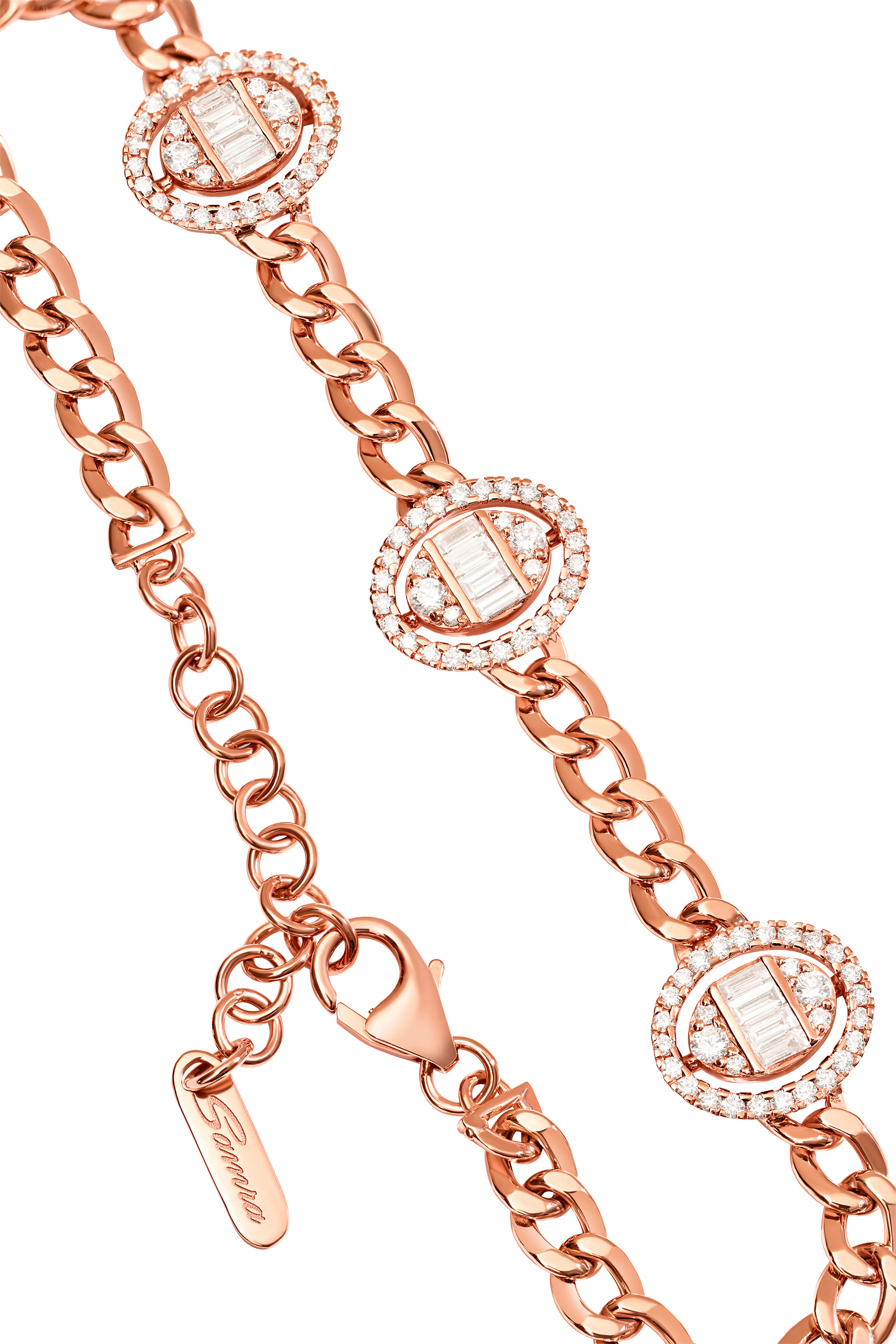 Quwa Three Oval Bracelet,  18K Rose Gold with Baguette & Brilliant Diamonds