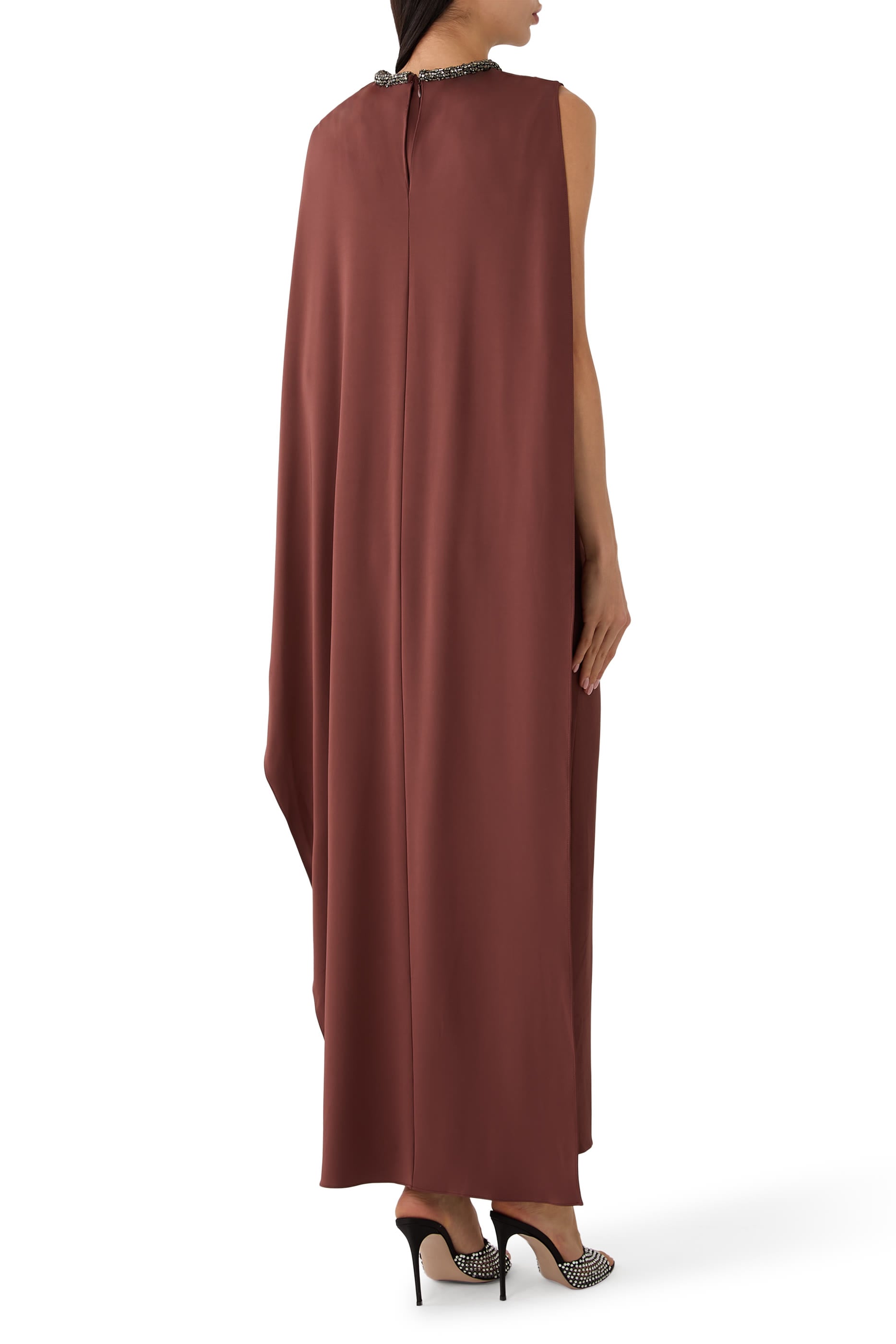 Crystal Neckline Asymetric Column Maxi Dress