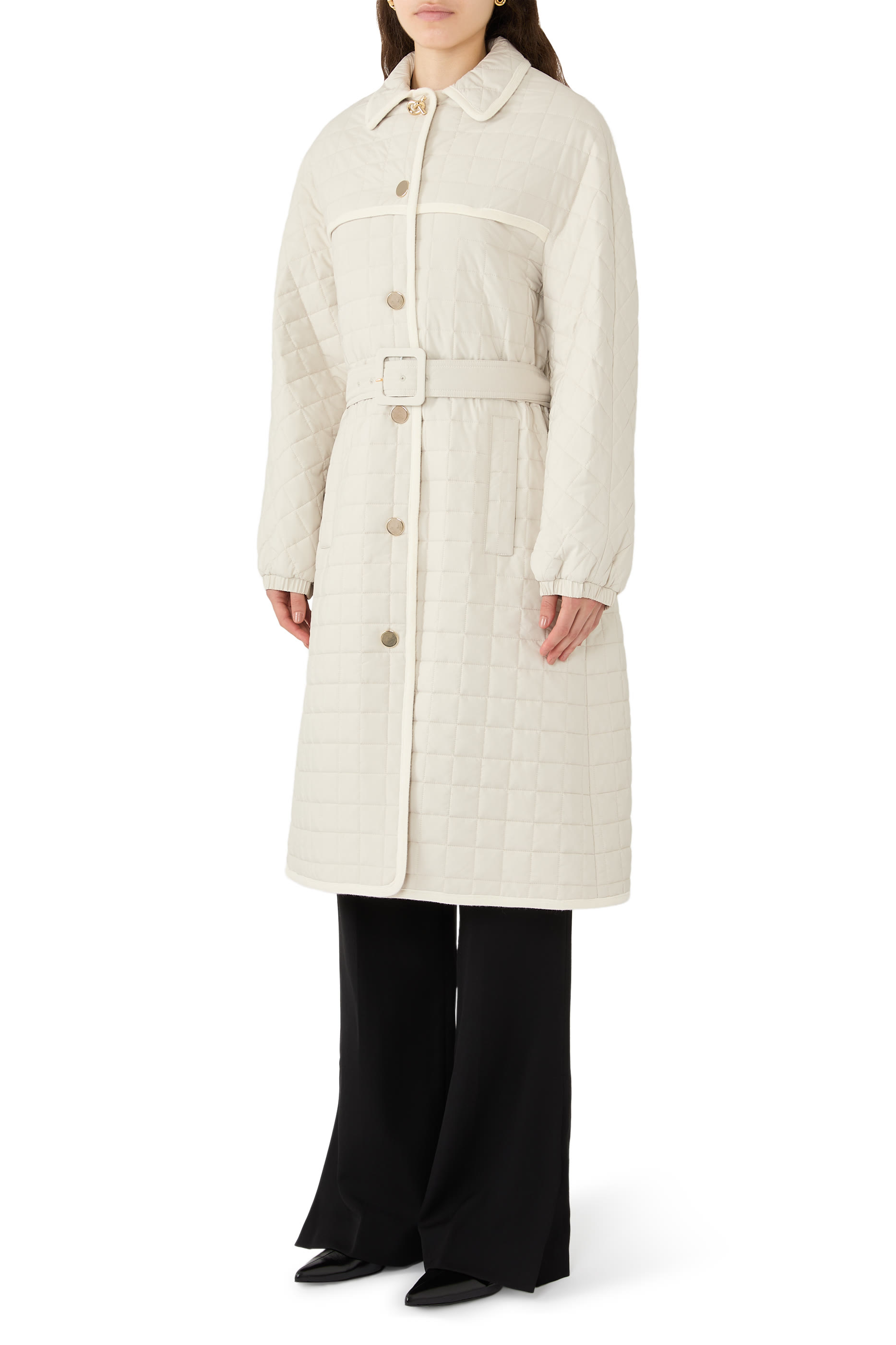  Square Quilted Long Trench with Self Belt