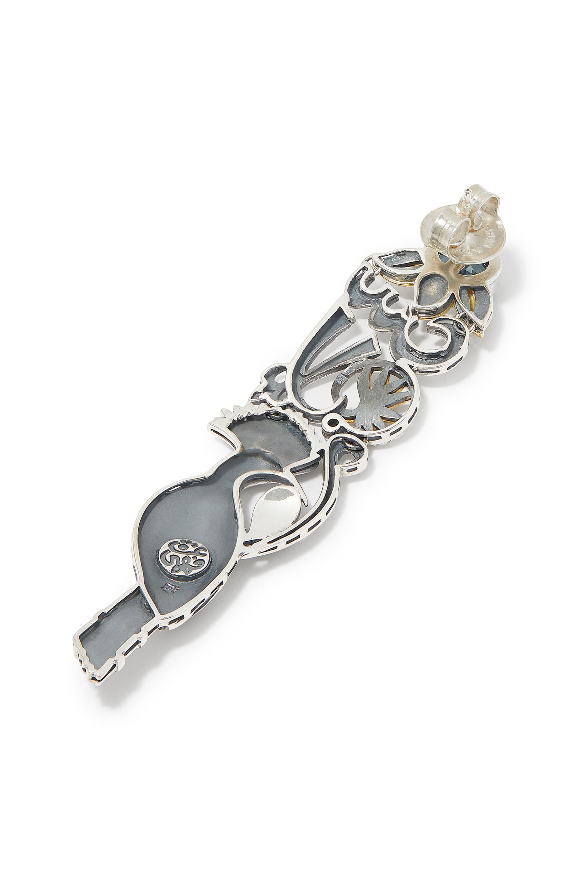 Peace and Wisdom Single Earring, 18k Yellow Gold, Sterling Silver & Topaz