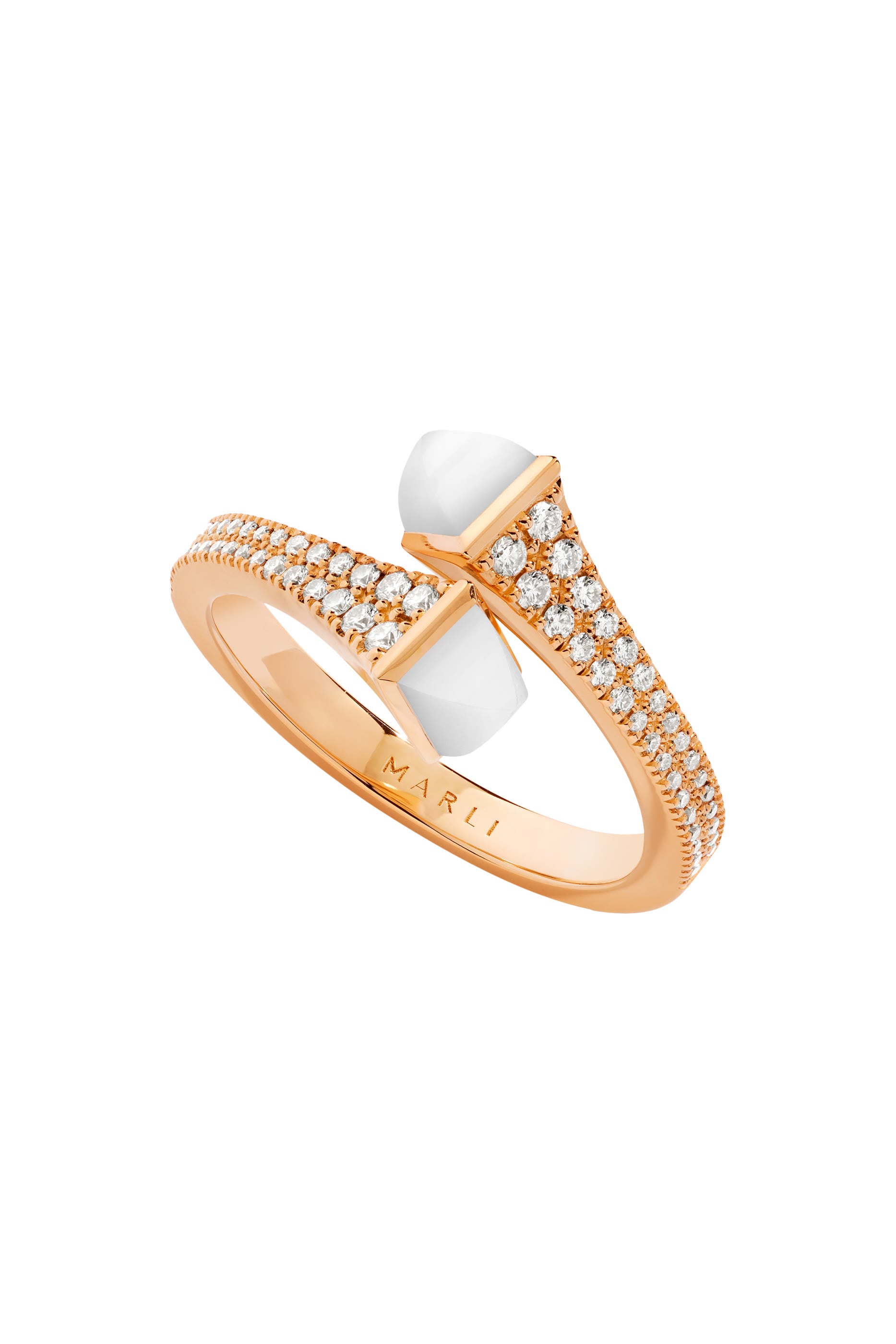 Cleo Slim Ring, 18k Rose Gold with White Agate & Diamonds