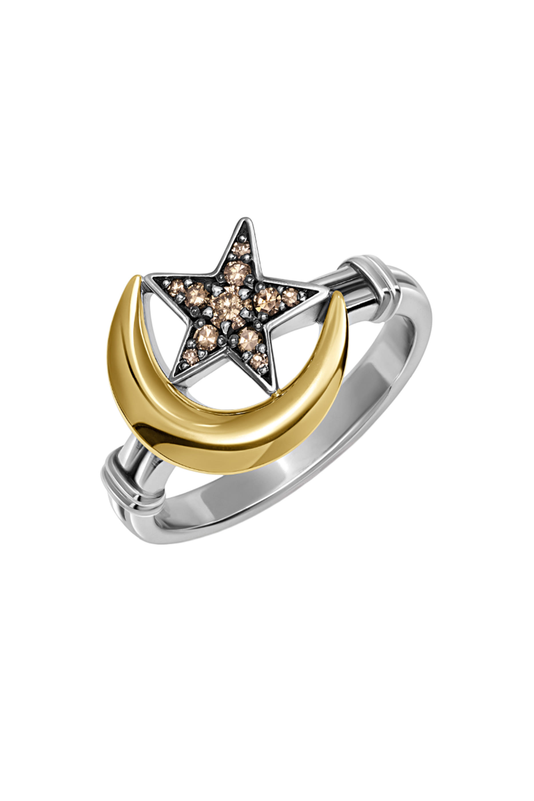 Ottoman Crescent & Star Ring, 18K Gold and Sterling Silver & Champagne Diamonds