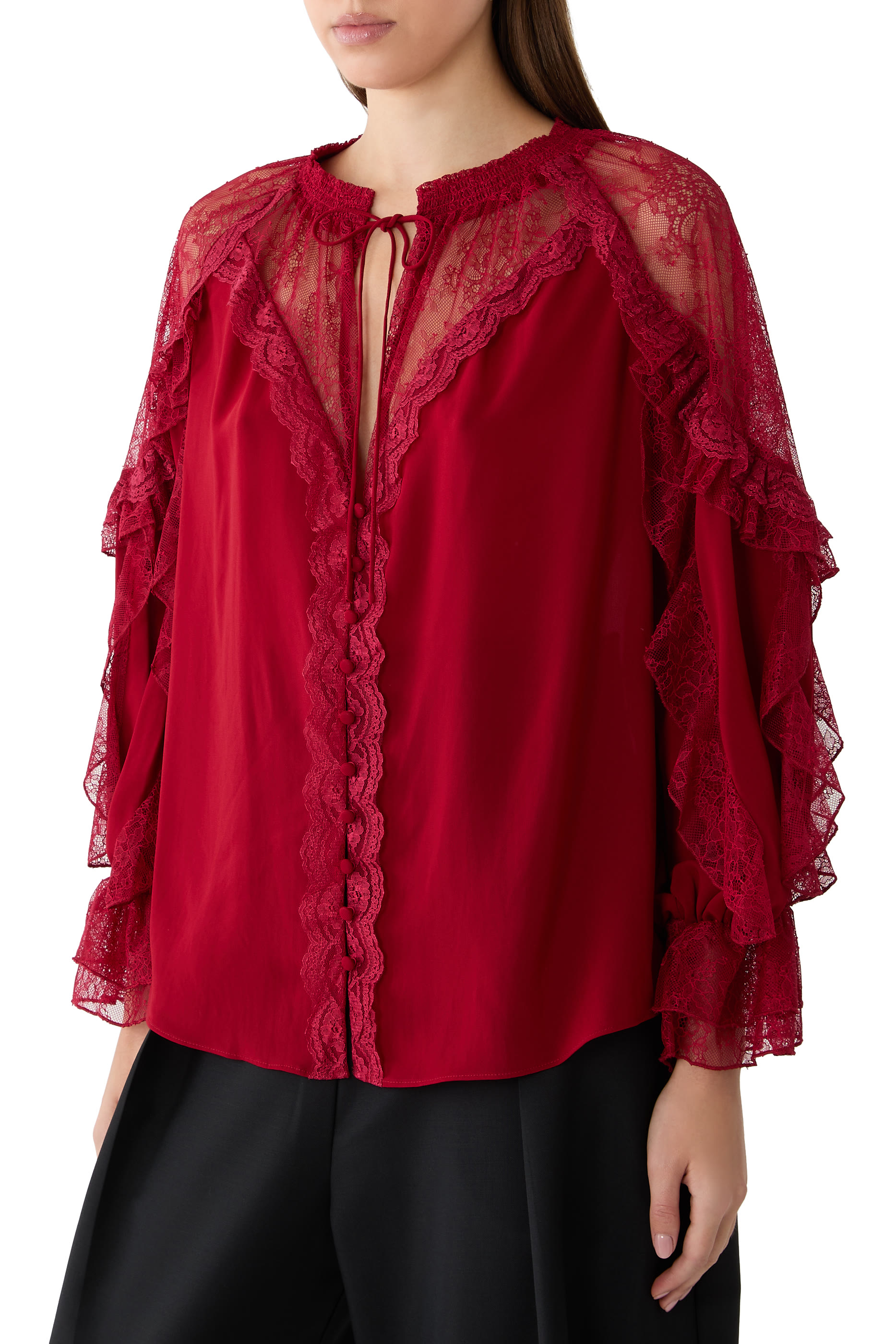 Aleena Lace Cold Shoulder Tie-Front Blouse 