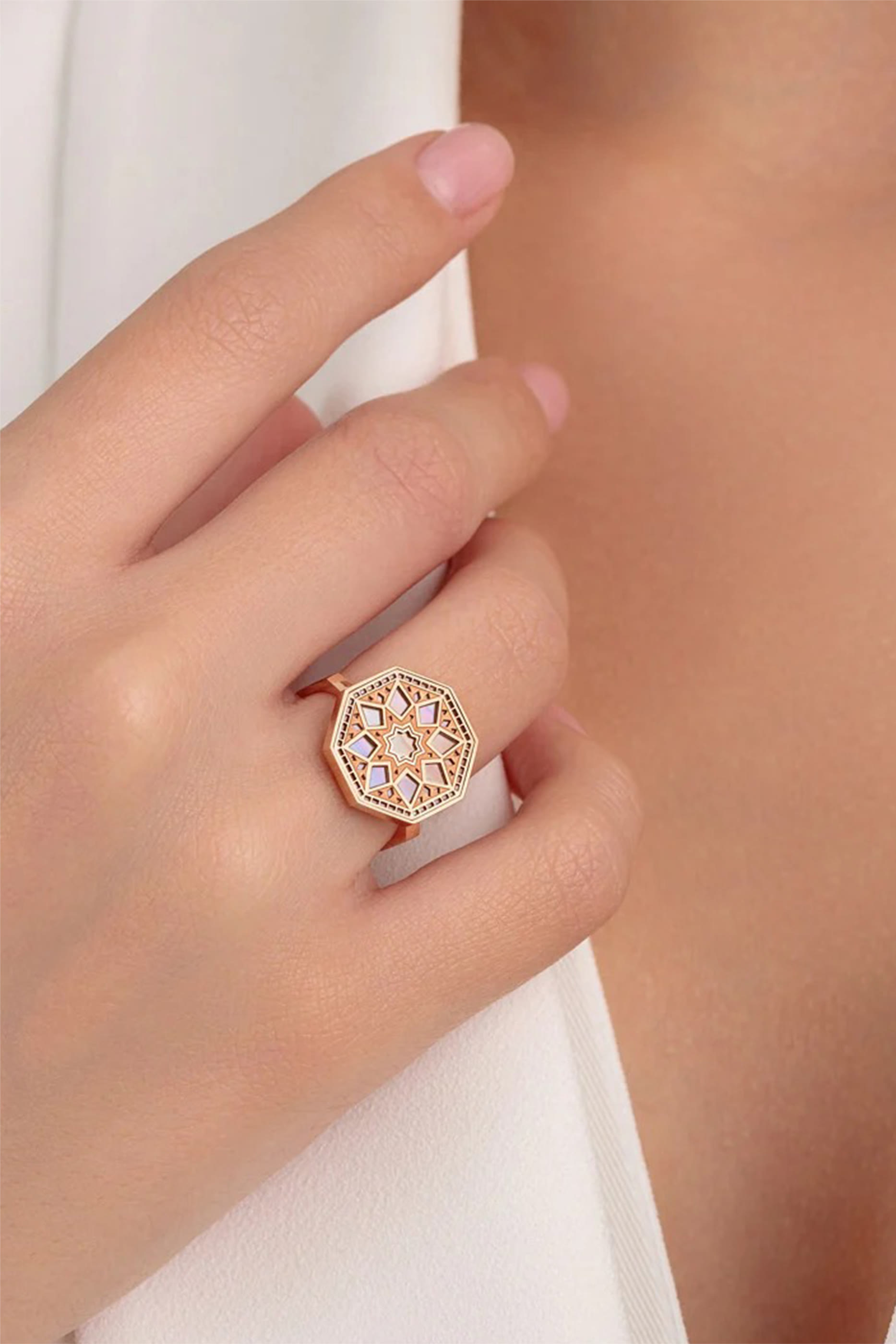 Classic Turath Medium Ring, 18K Rose Gold with Diamonds & Mother of Pearl