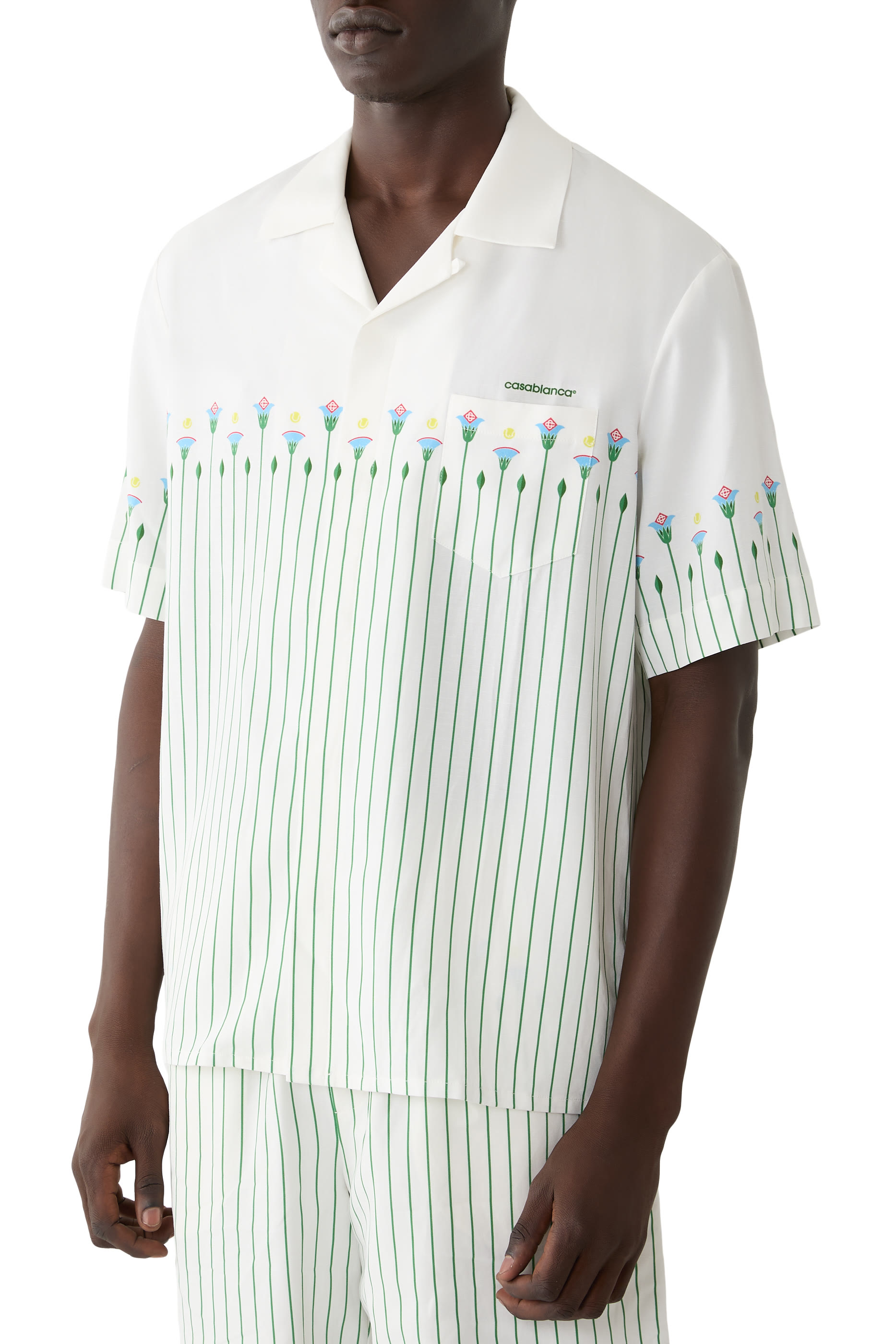  Linen Floral Stripe Sporty Short Sleeve Shirt 