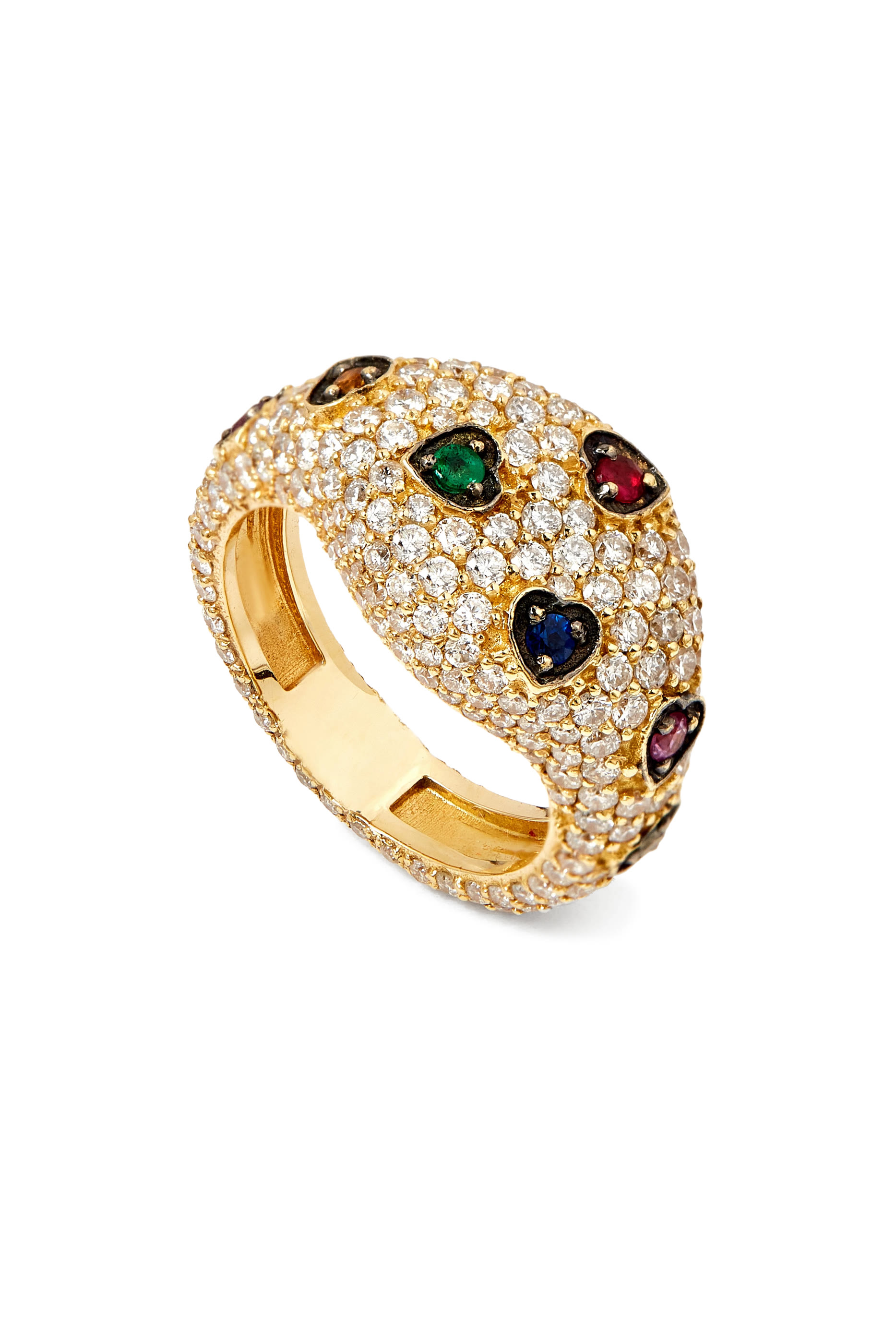  Colored Heart Pinky Ring, 18K Yellow Gold & Diamonds