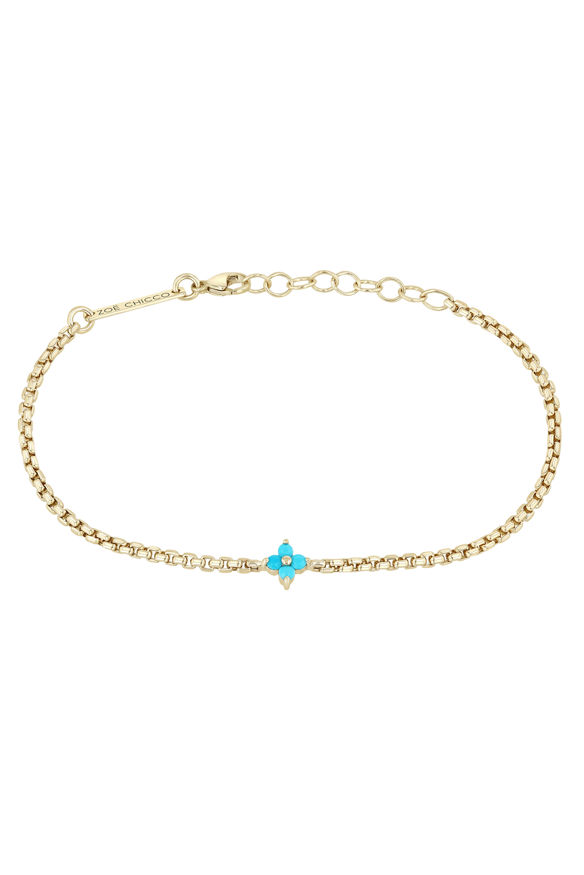  Prong Quad Small Box Chain Bracelet, 14K Yellow Gold with Turquoise
