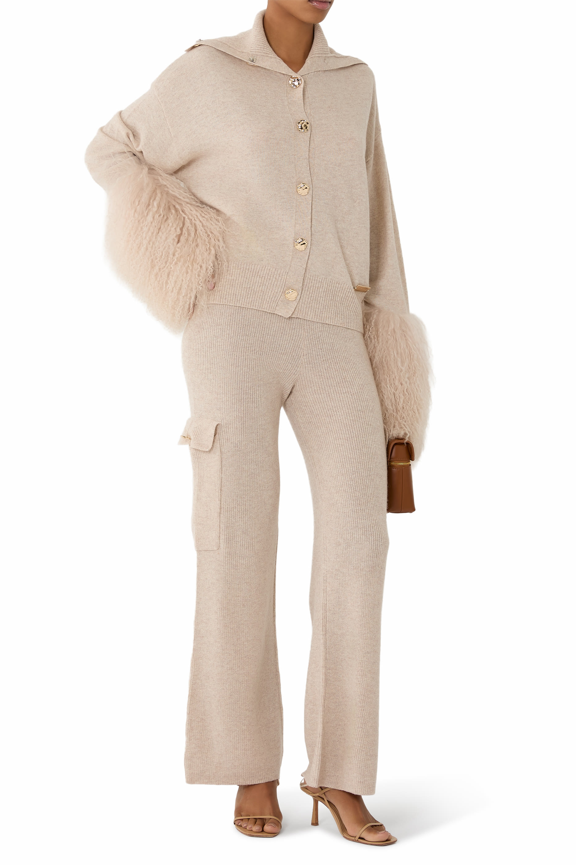 High-Neck Shearling-Cuff Cardigan