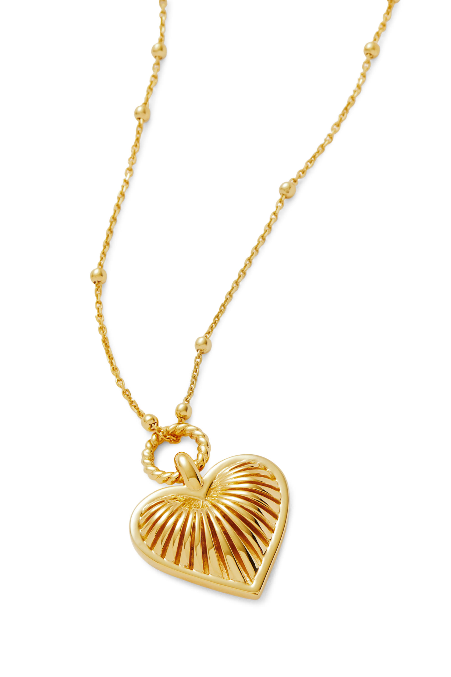  Ridge Heart Charm Pendant Necklace, 18k Gold Plated 