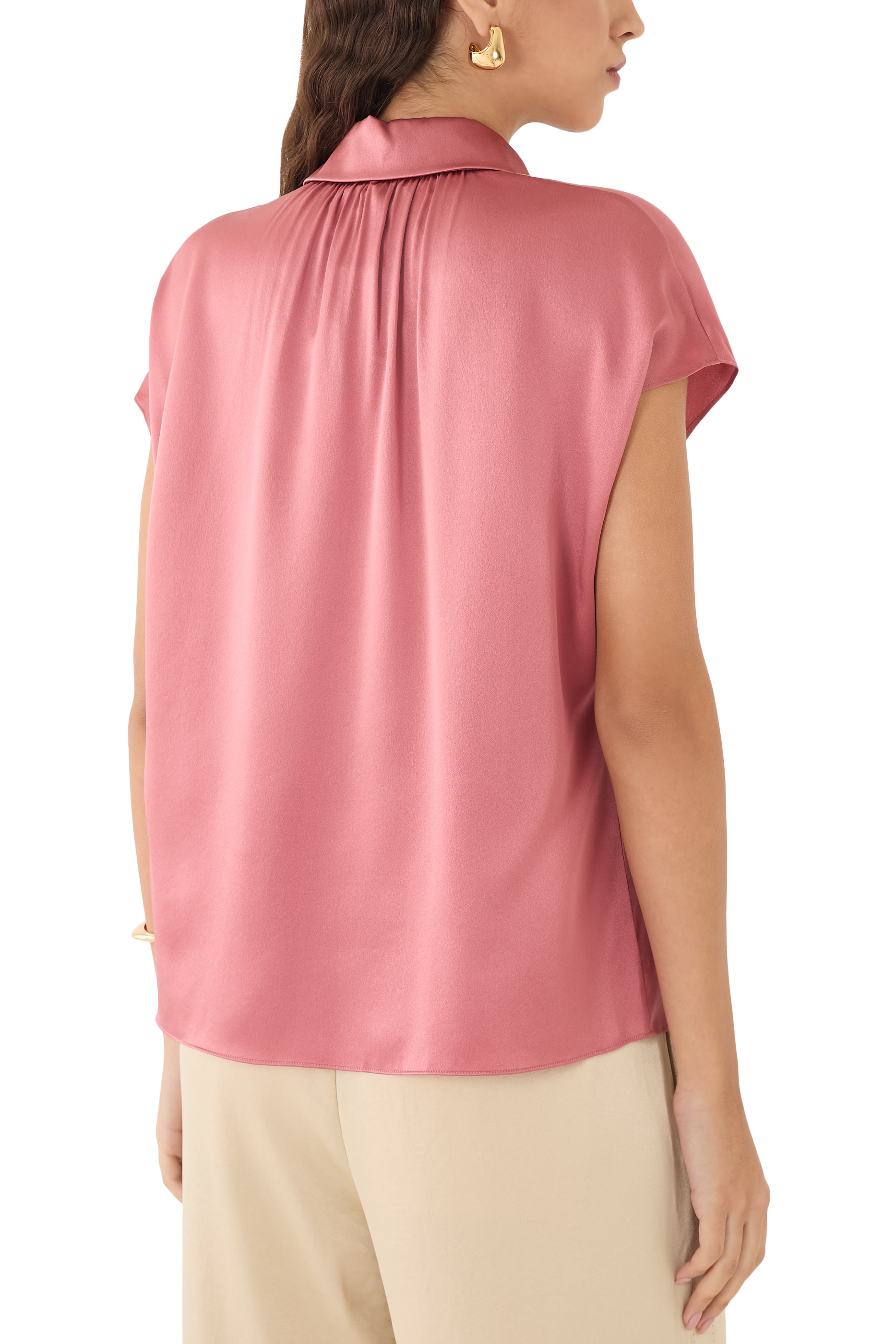 Silk Cap-Sleeve Ruched-Back Blouse