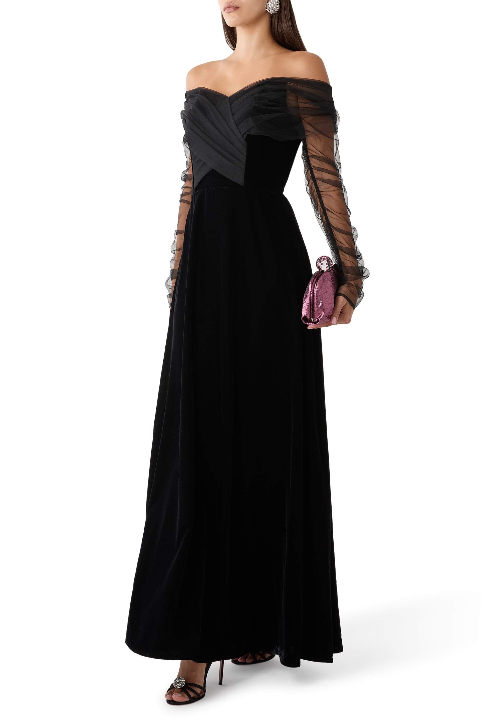 Off-Shoulder A-line Velvet Gown with Tulle Draped Bodice & Sleeves