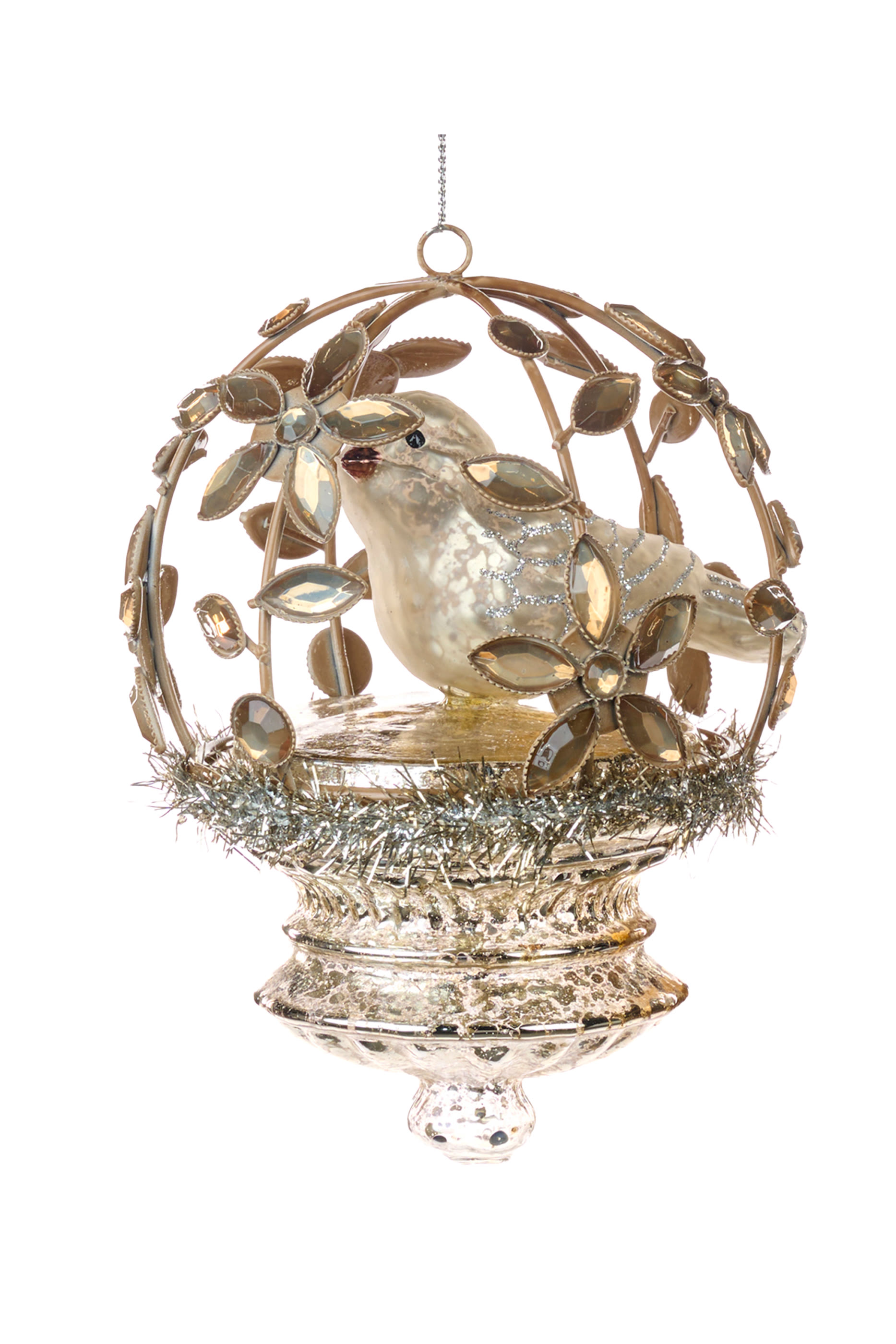 Bird in Open Flower Cage Ornament