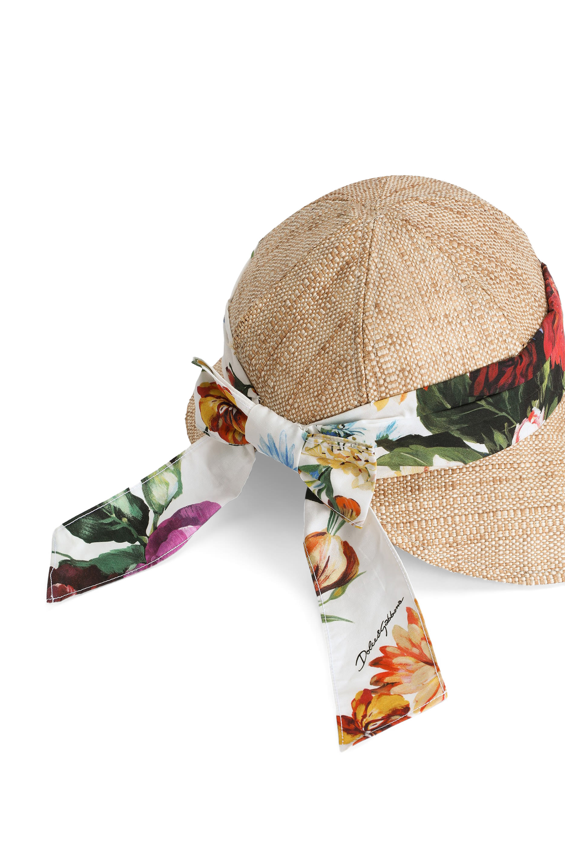 Kids Flower-Print Raffia Hat with Visor and DG Logo
