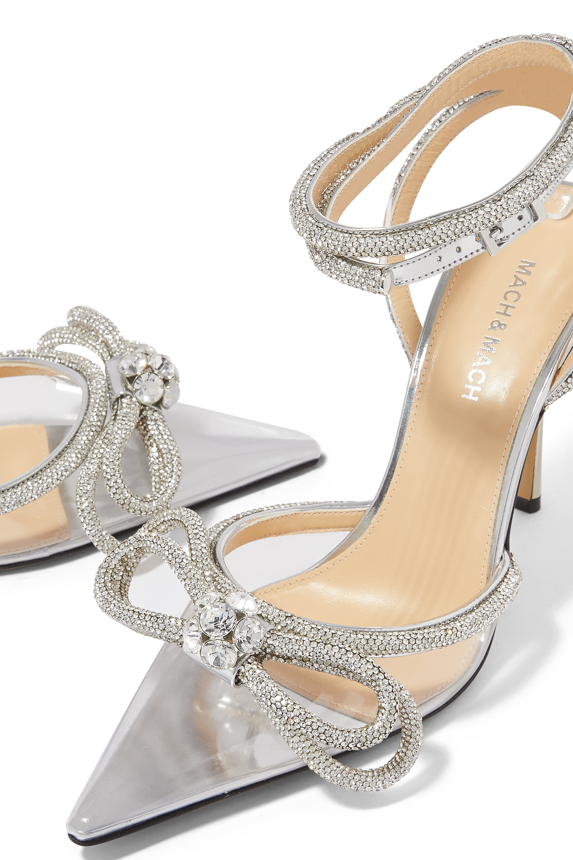 PVC & Crystal Bow 105 Ankle Strap Pointed Pumps