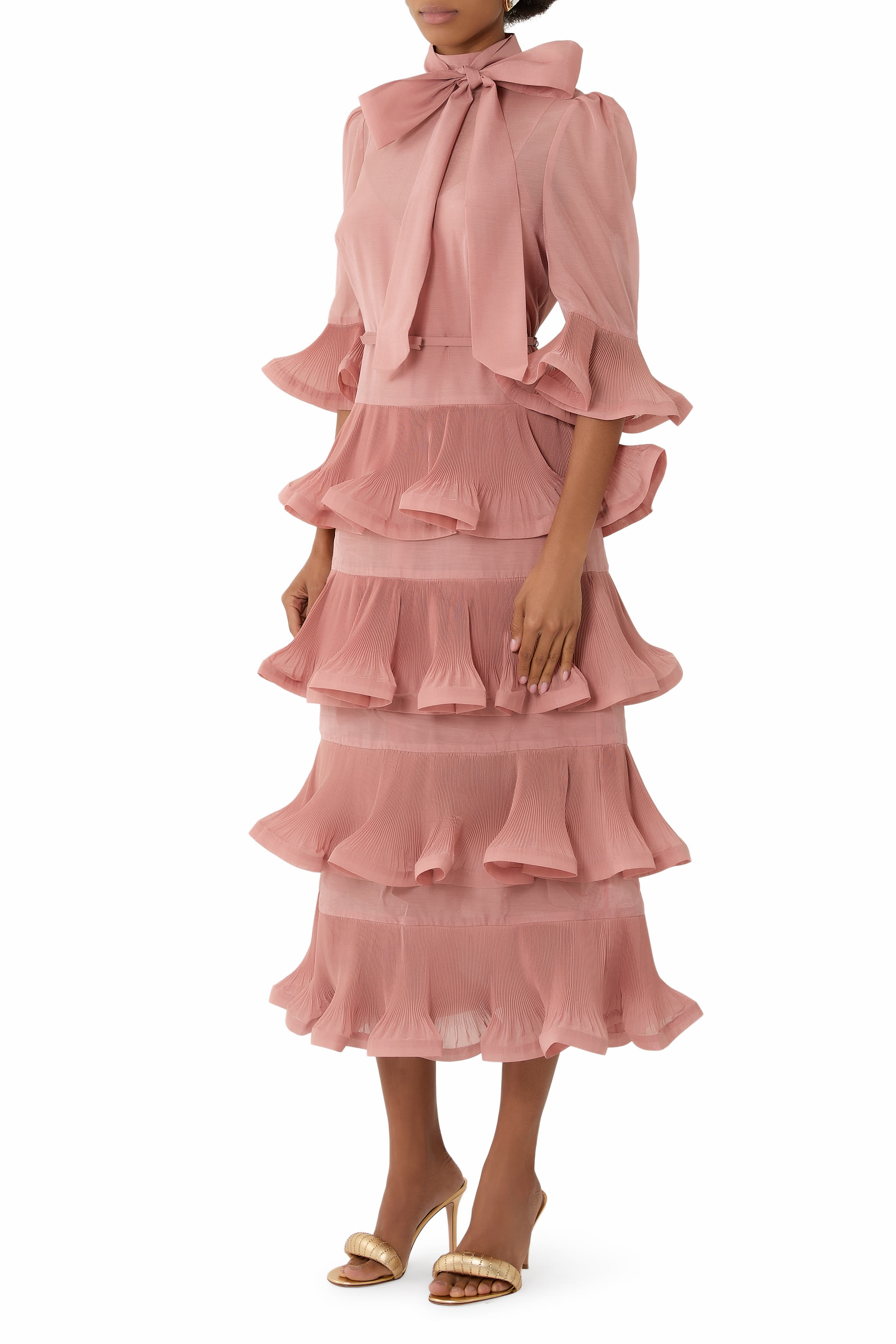 Pleated Sleeved Midi Dress