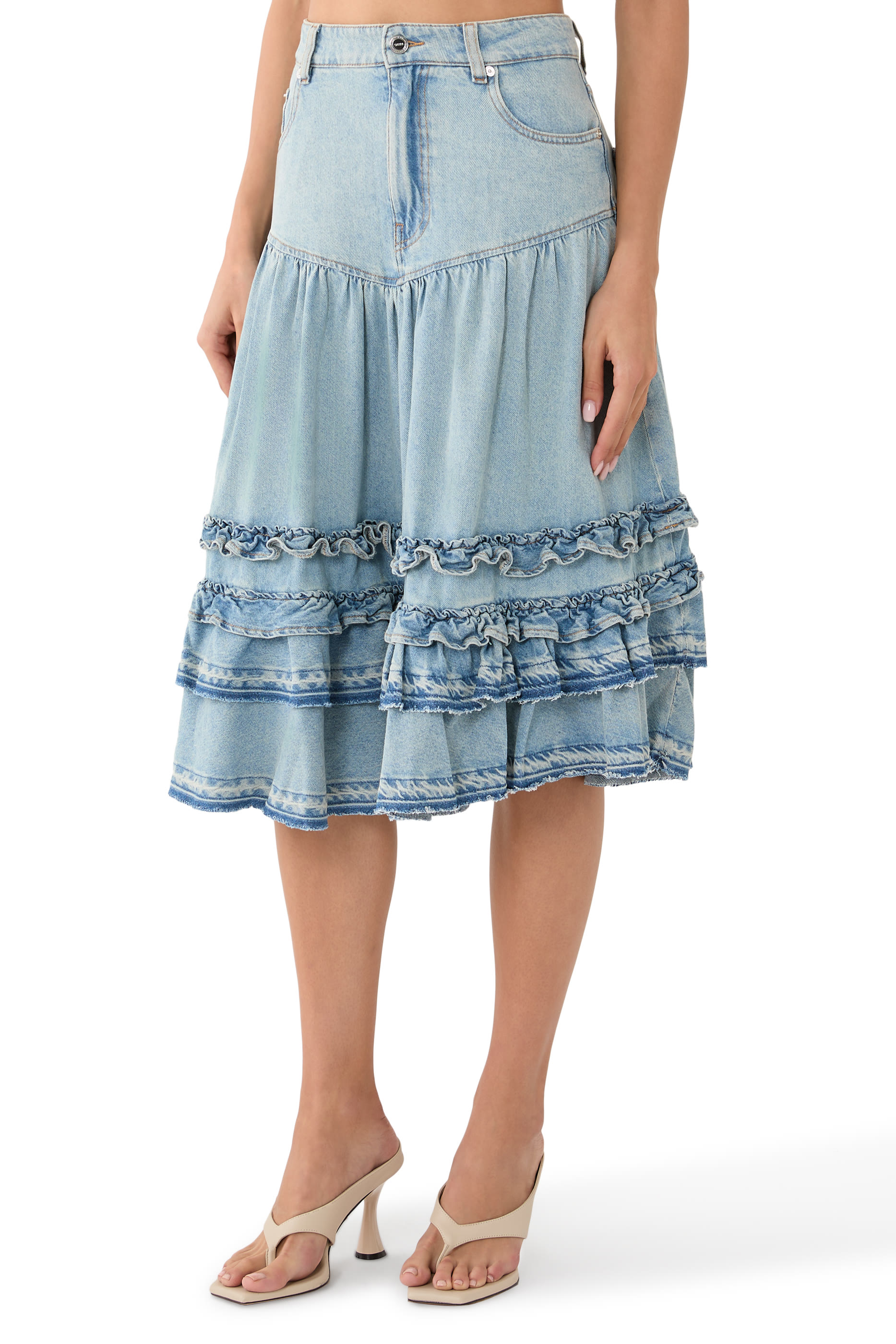 Lightweight Denim Frill Midi Skirt