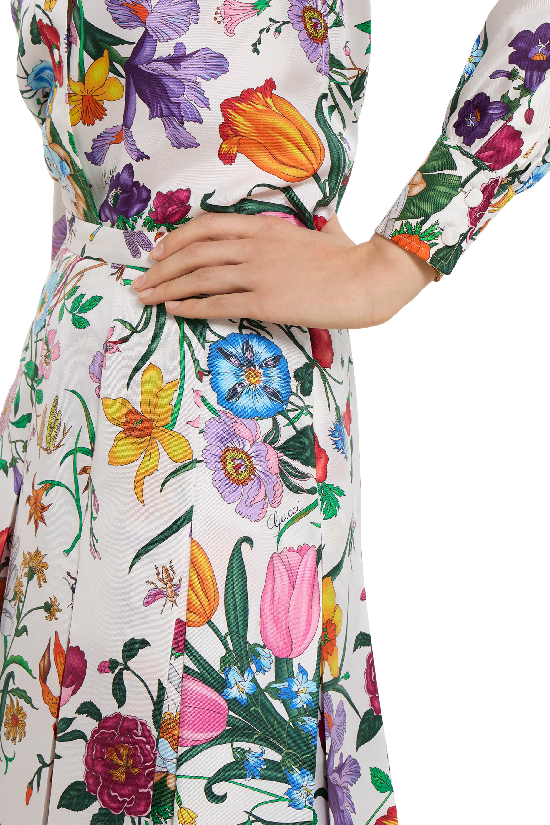 All-Over Flora Print Silk Twill Pleated Skirt