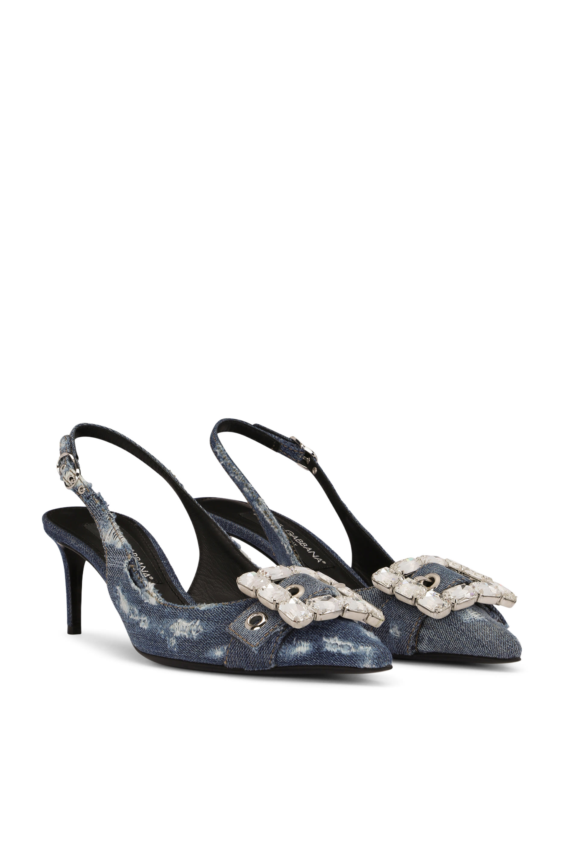 Patchwork Denim 60 Slingbacks with Rhinestone Buckle 