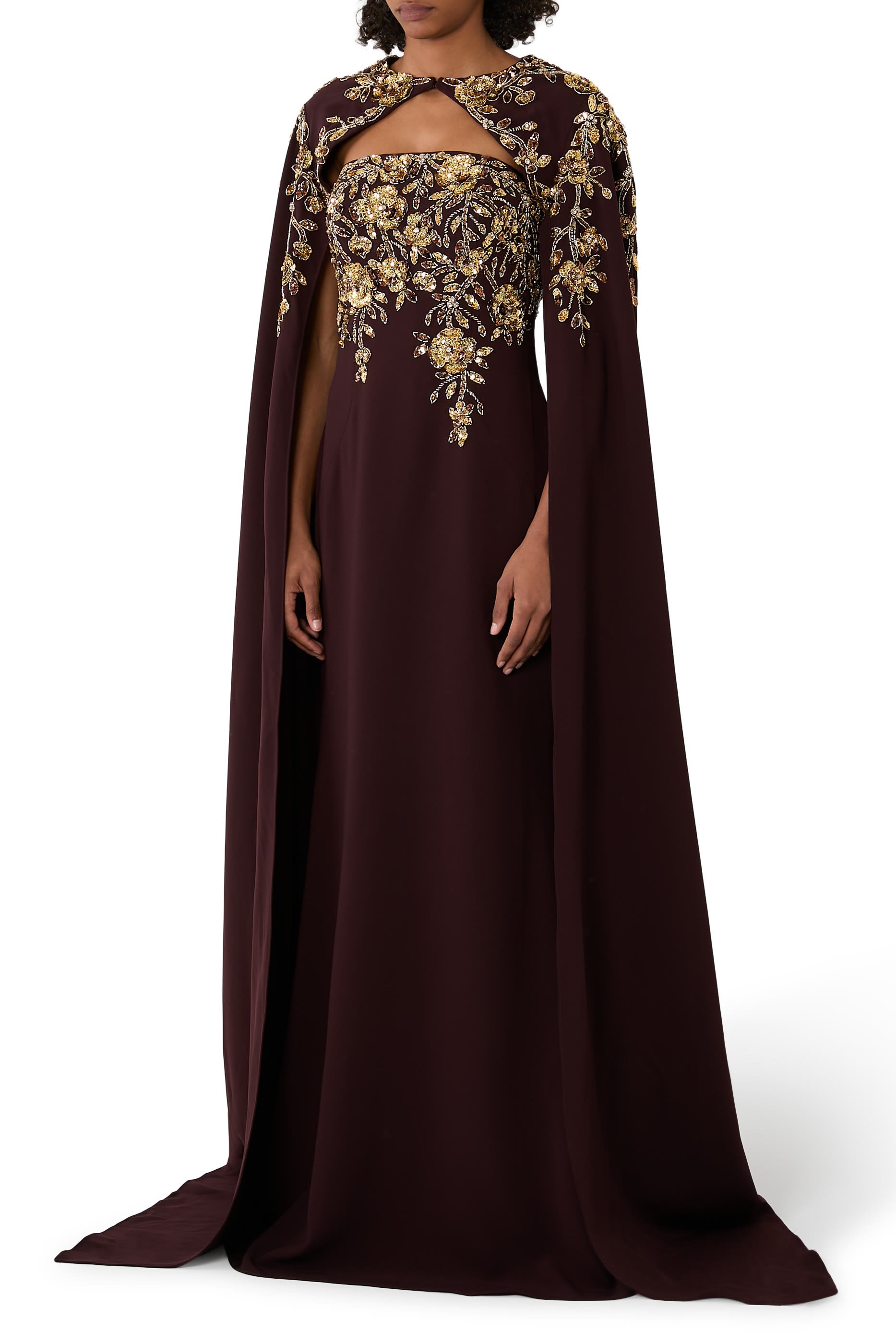 Embroidered Column Gown with Cape Sleeves