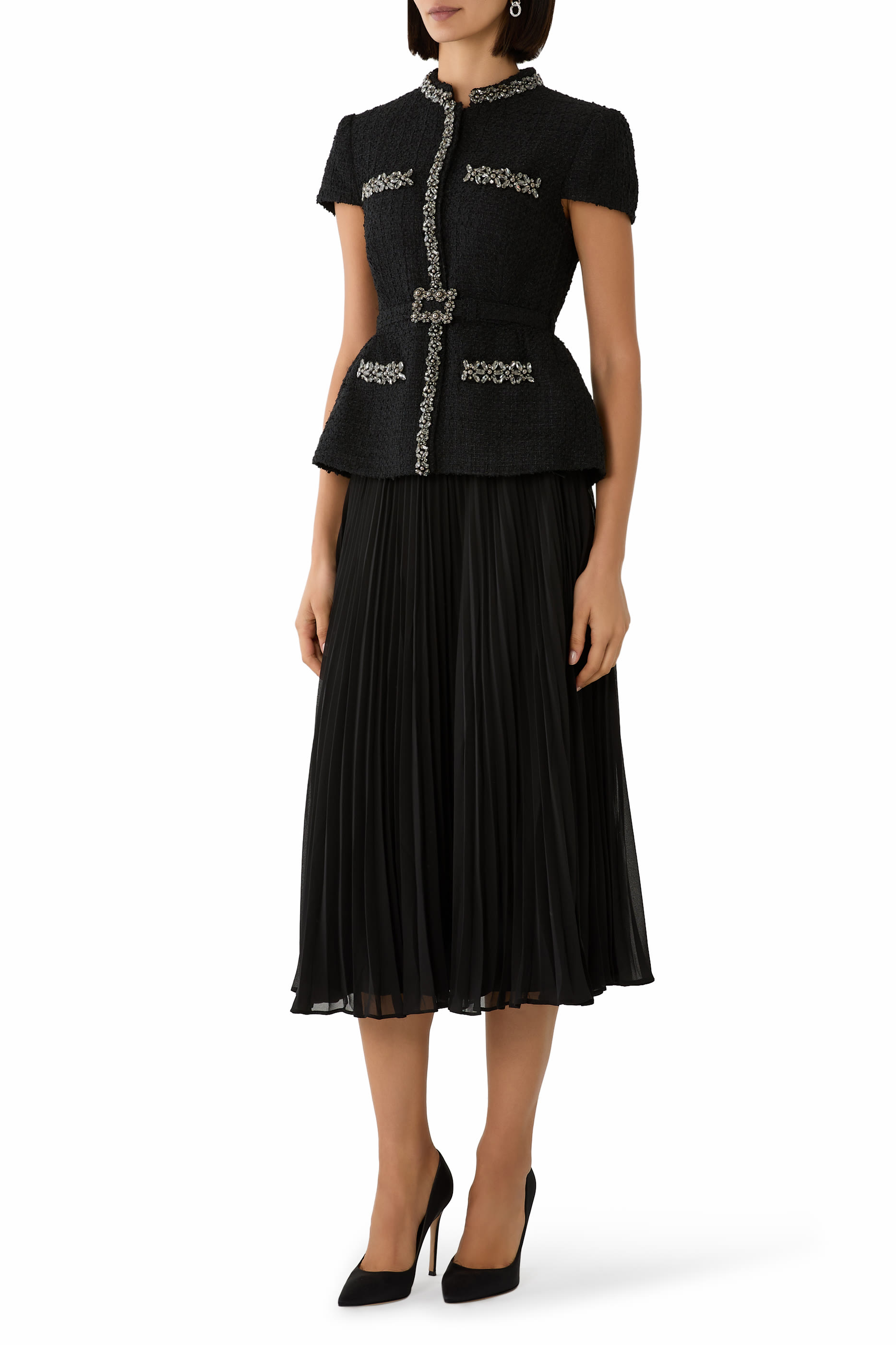 Boucle Crystal Trim Chiffon Midi Dress