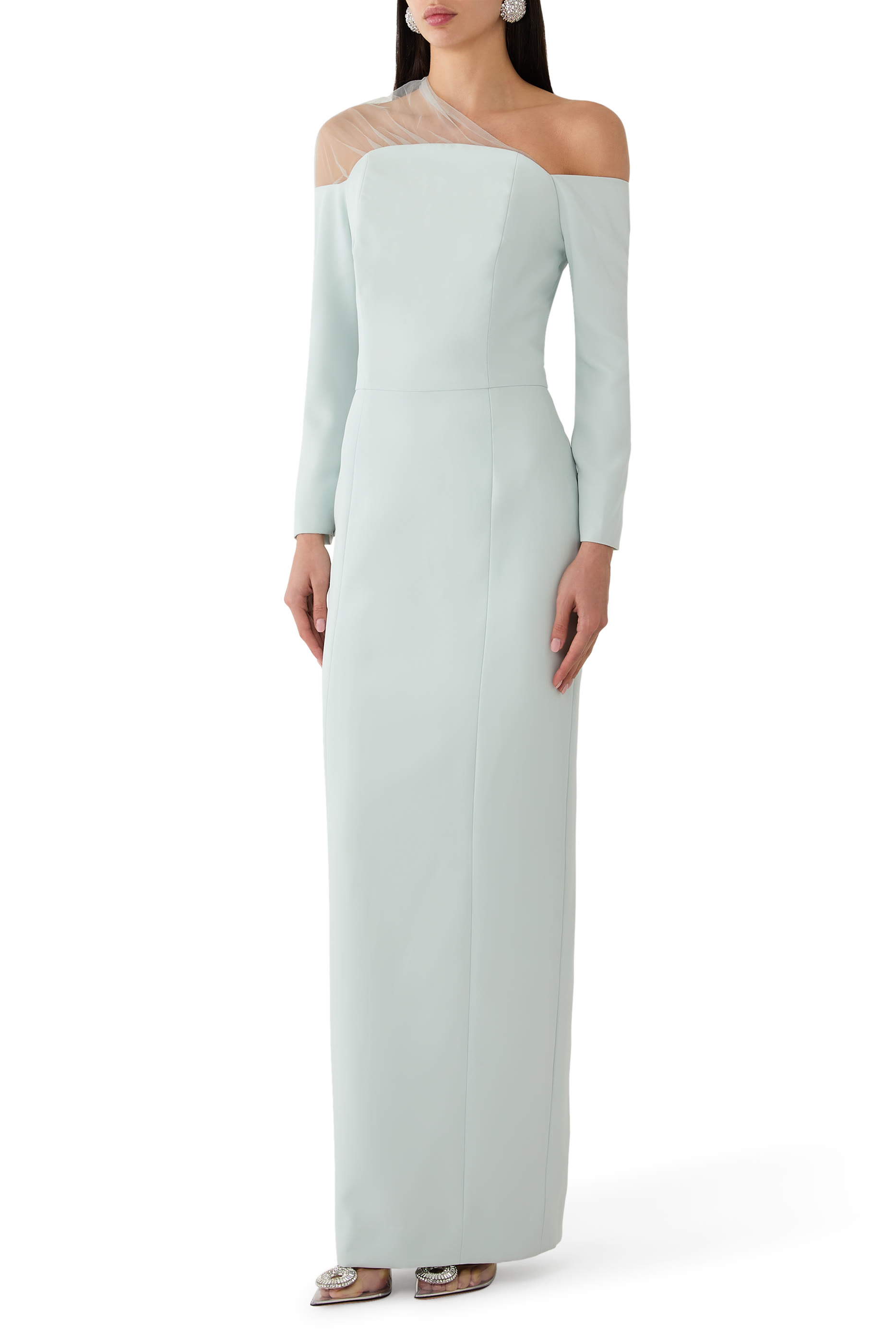 One-Shoulder Crepe Gown With Gathered Tulle