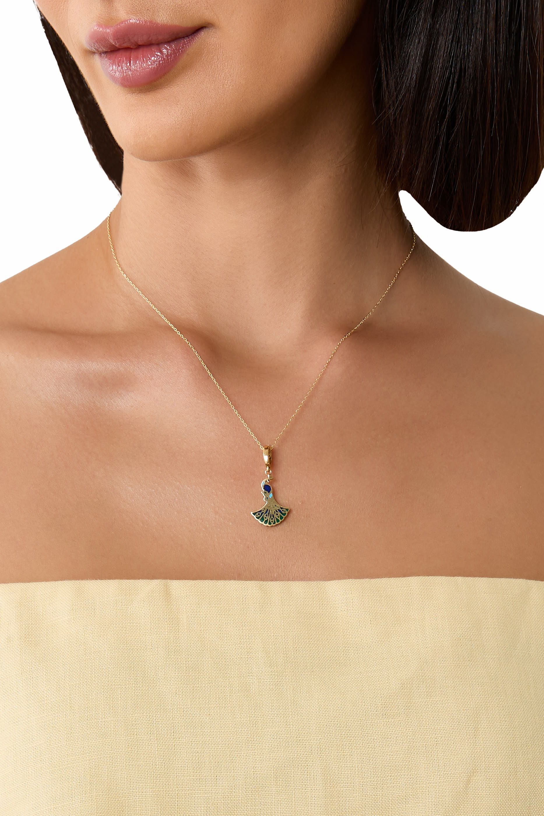 Wise Peacock Pendant, 18K Yellow Gold with Multicoloured Enamel & Diamonds