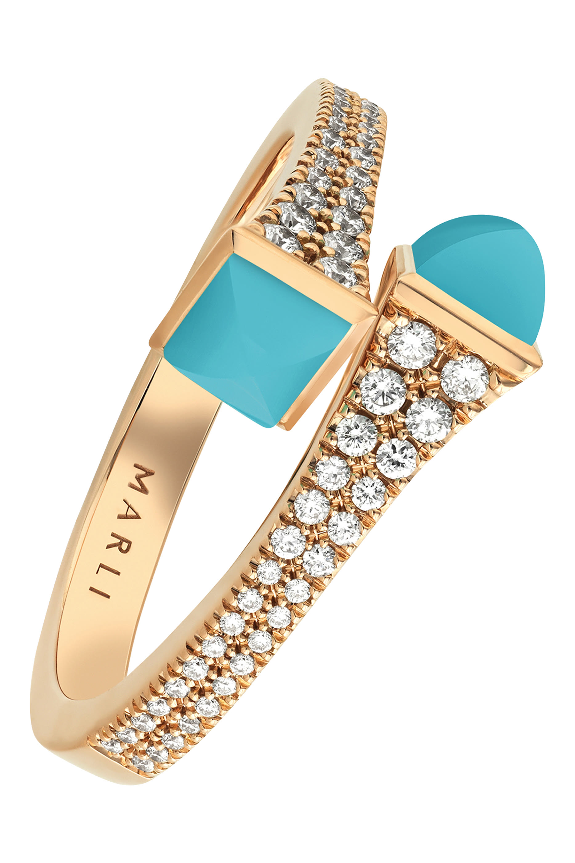 Cleo Slim Ring, 18k Pink Gold with Turquoise Stones & Diamonds