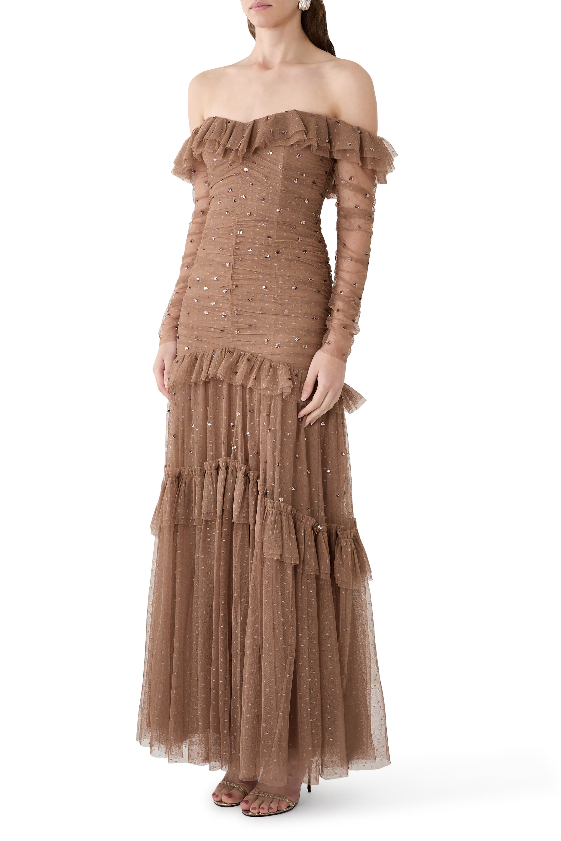 Sequin Glimmer Rouched Off-Shoulder Gown