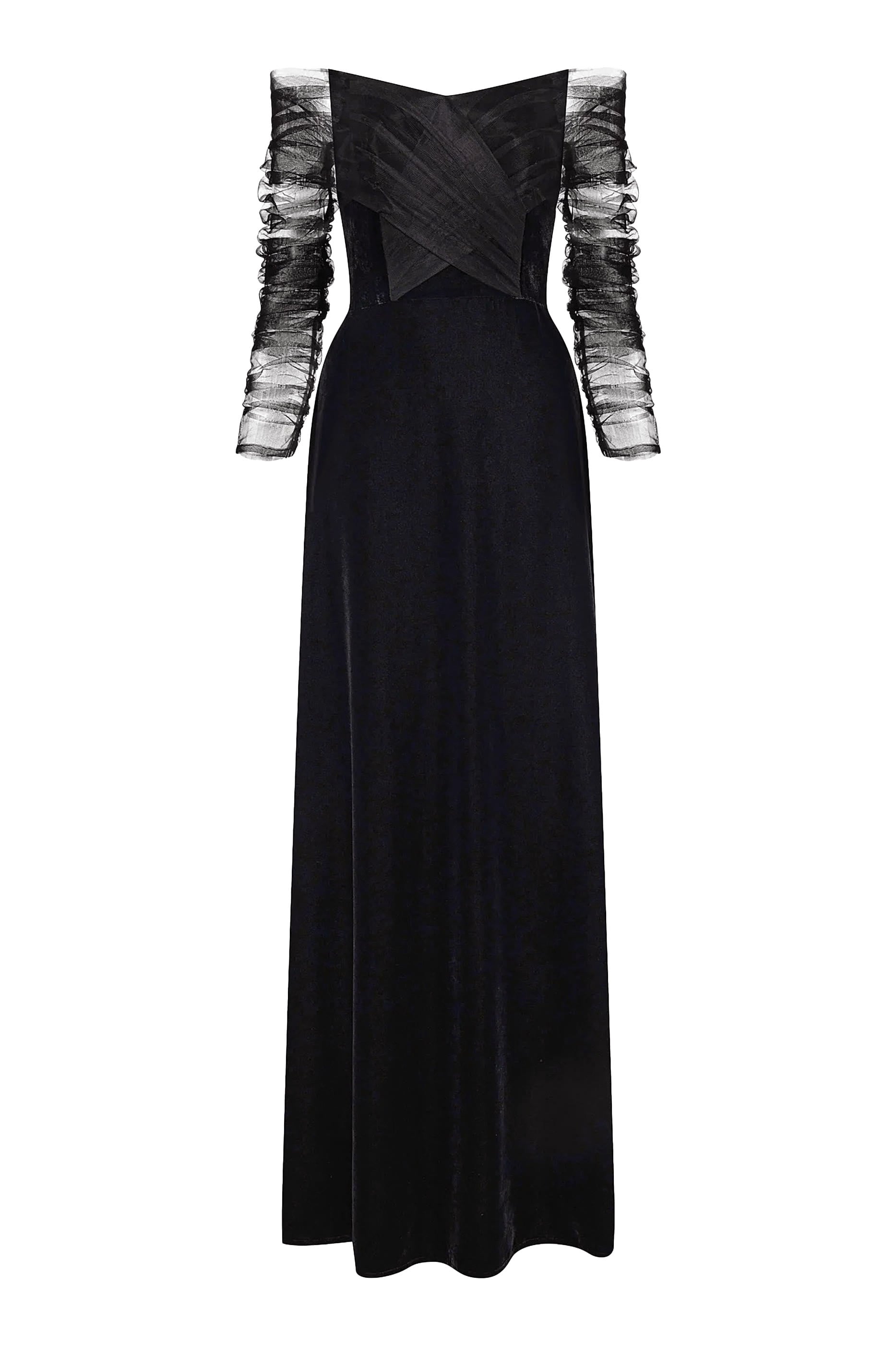 Off-Shoulder A-line Velvet Gown with Tulle Draped Bodice & Sleeves