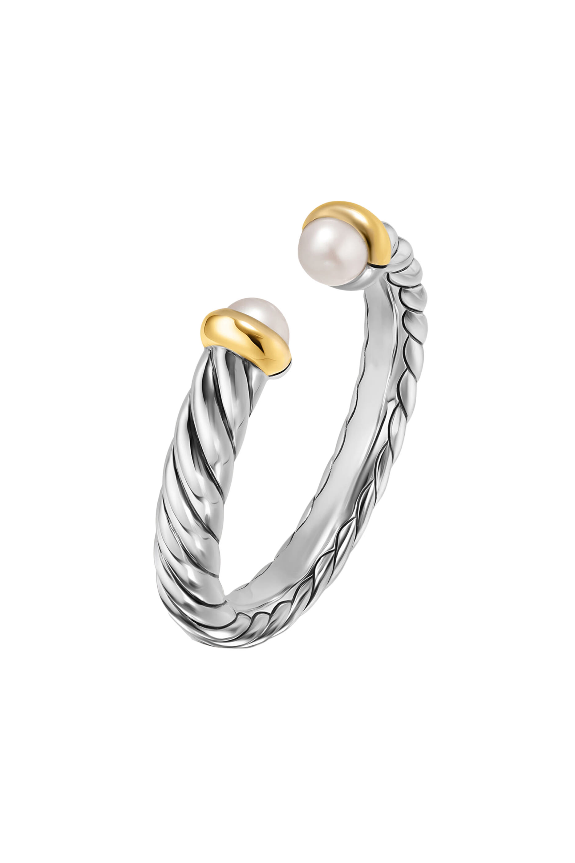 Petite Cable Open Ring, Sterling Silver with 14K Yellow Gold & Pearls