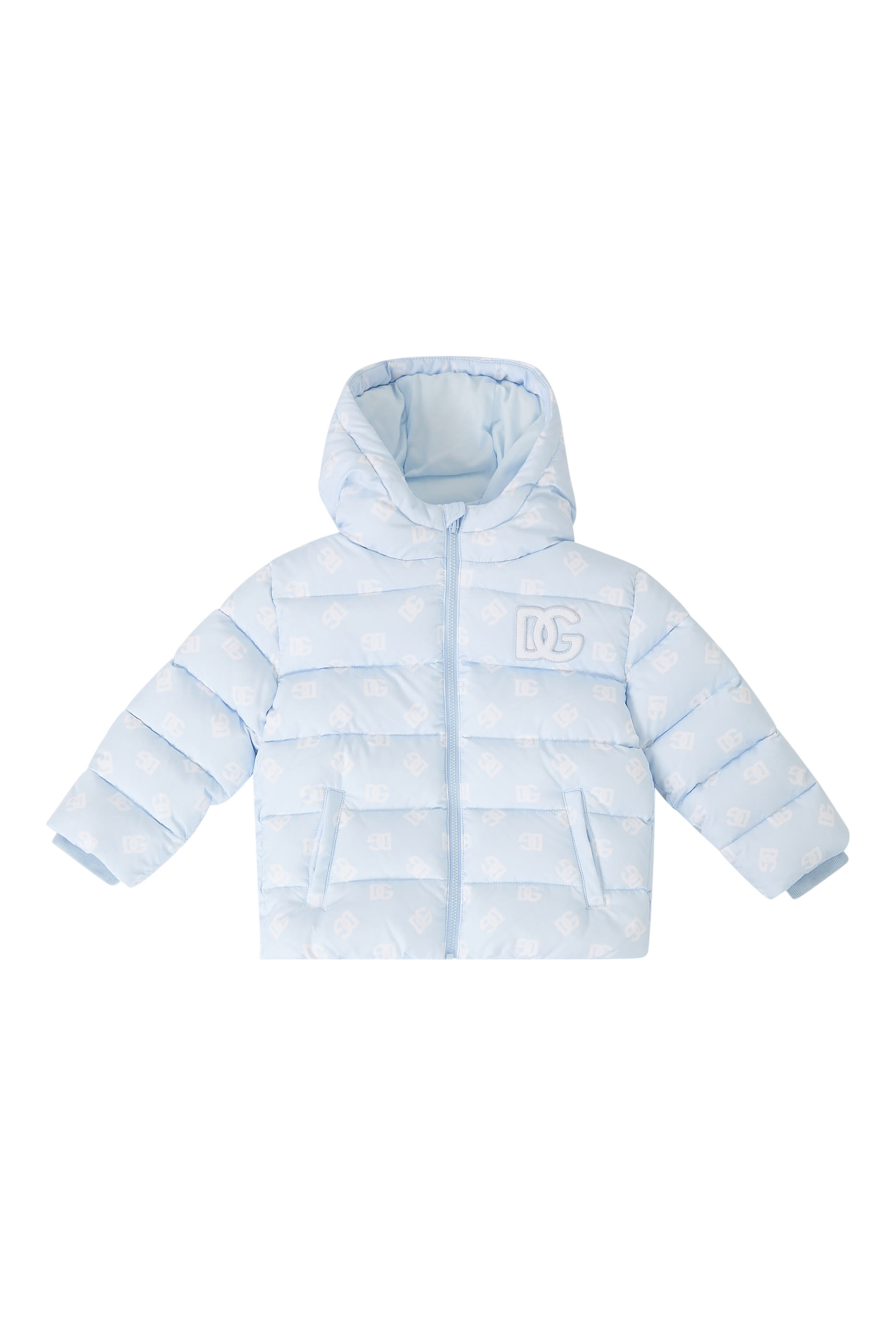 Kids Short Down Jacket with All-Over Logo Detailing and Patch