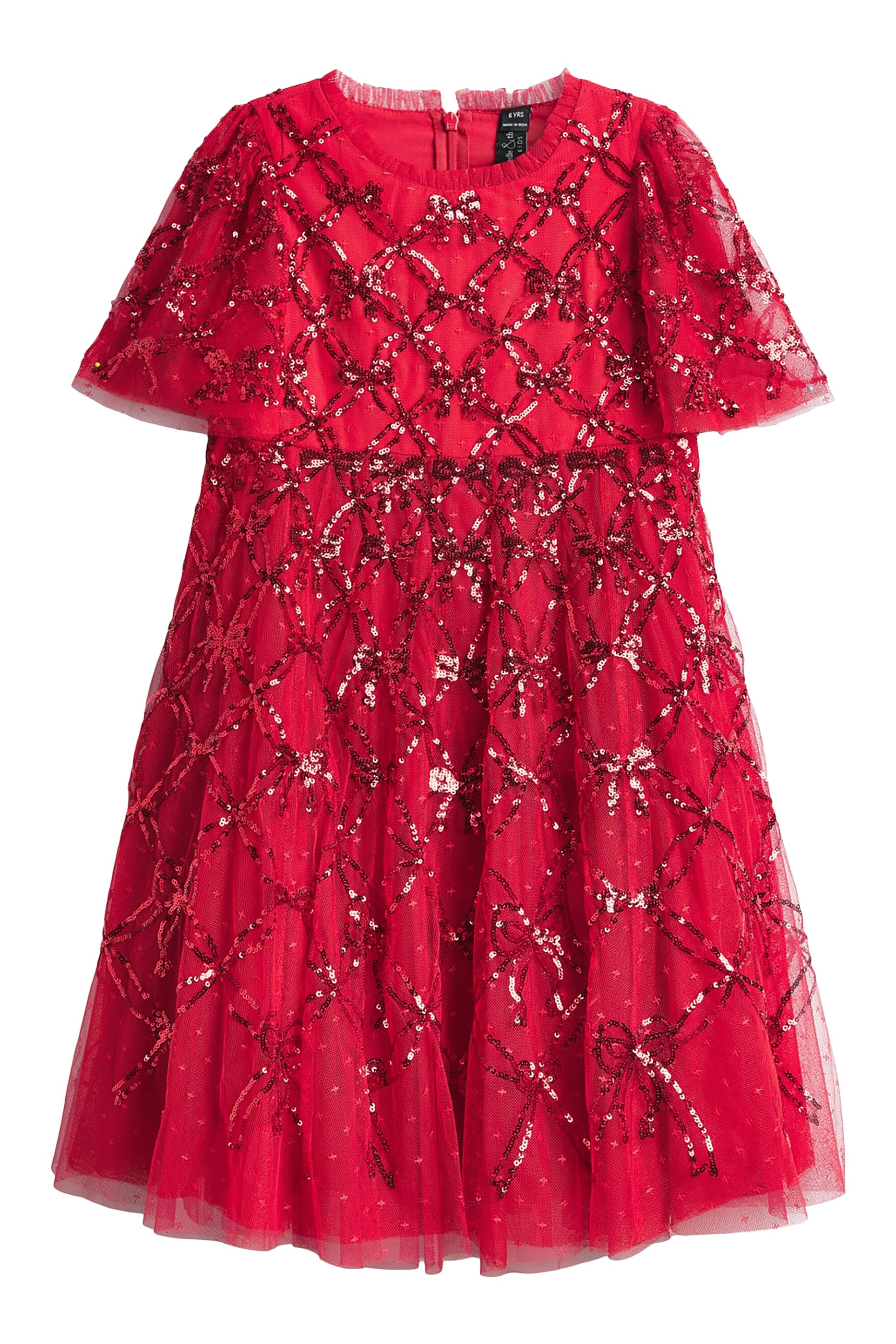 Kids Bow Lattice Short Sleeves Dress