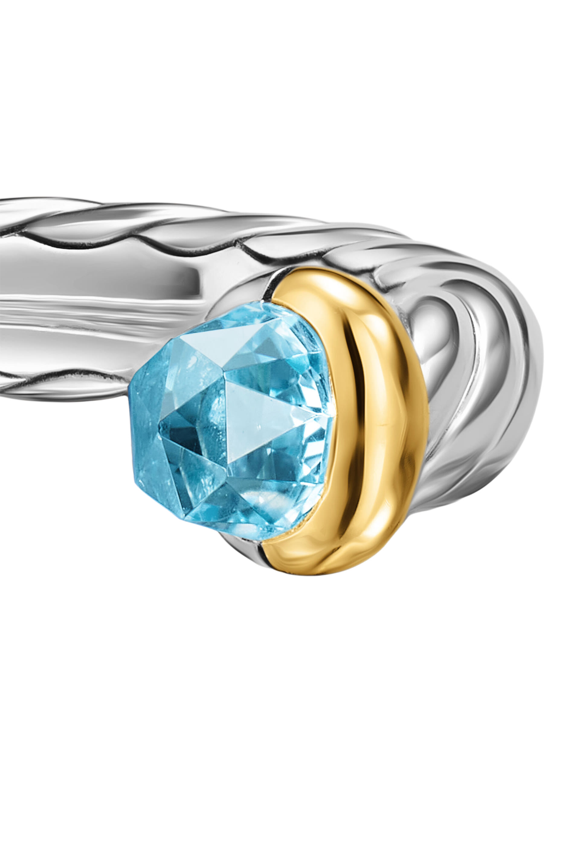 Petite Cable Open Ring, Sterling Silver with 14K Yellow Gold & Blue Topaz