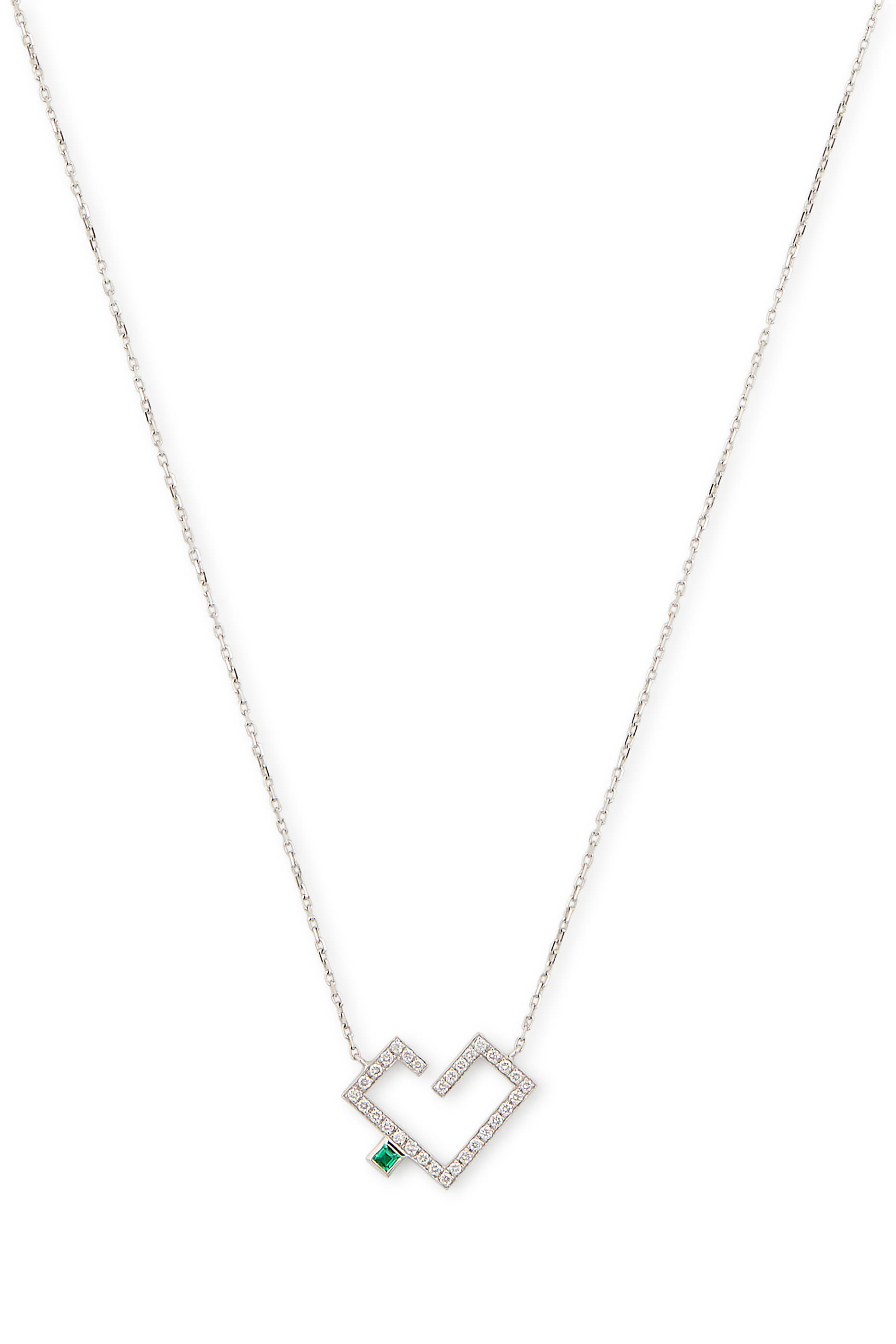 Hubb Small Necklace, 18K White Gold with Diamonds & Emerald