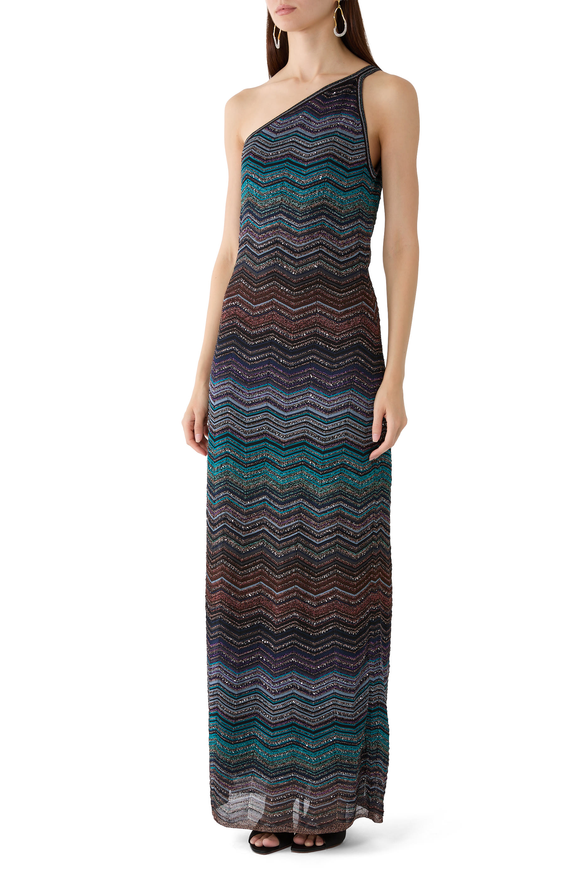 Sequins Long One-Shoulder Dress with Chevron Pattern