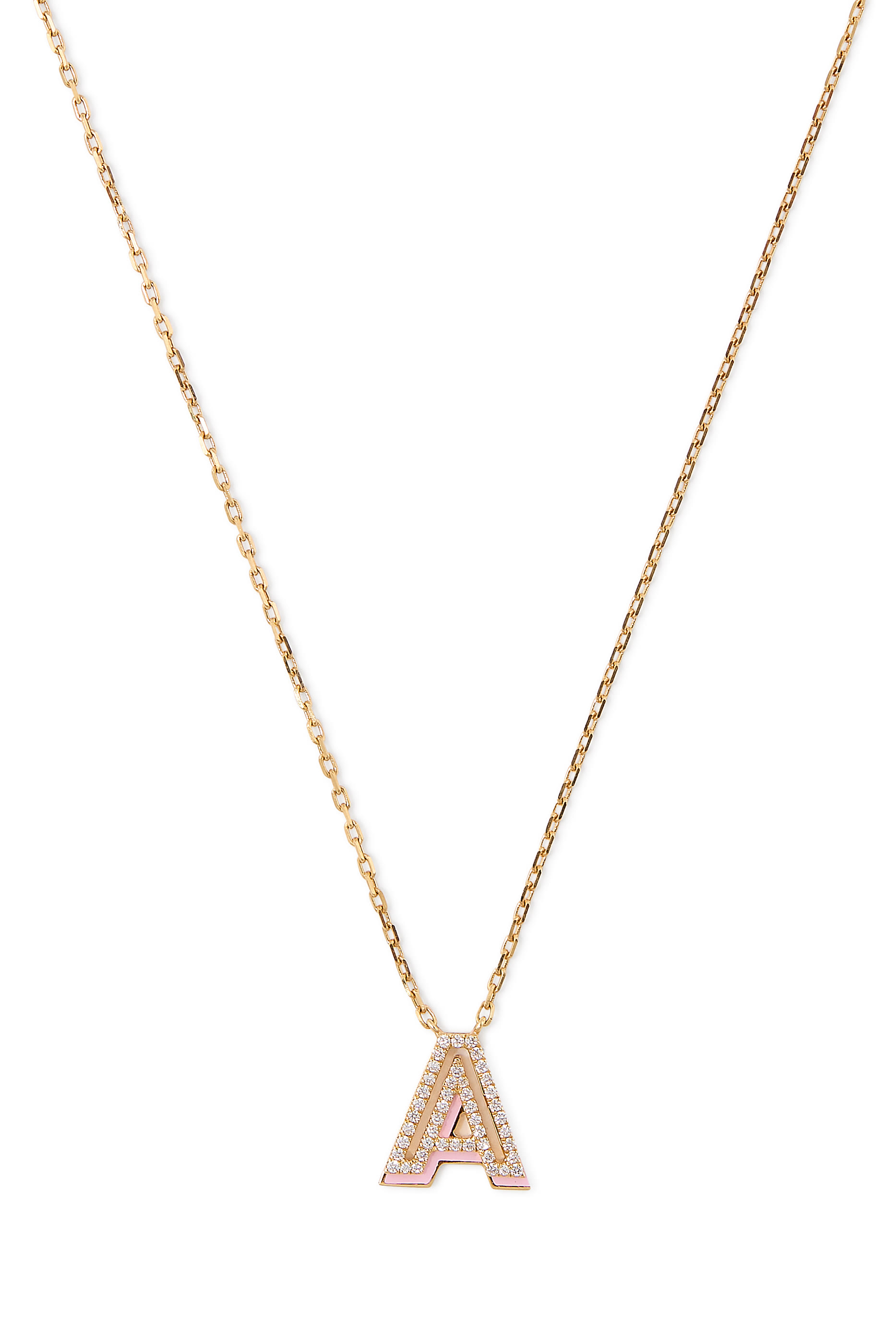 Letter ‘A’ Mini Necklace, 18k Yellow Gold & Enamel, Diamonds